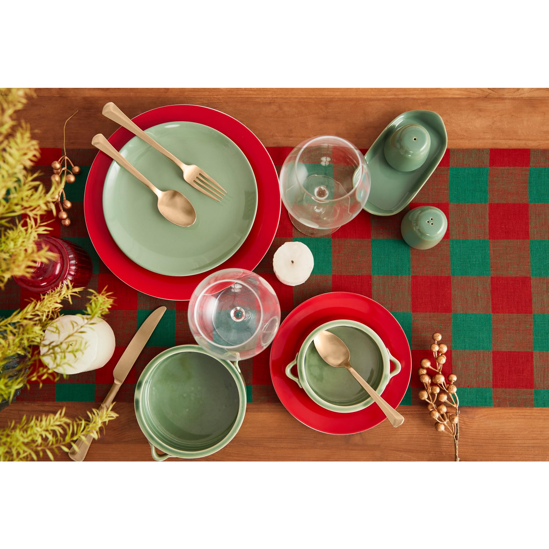 Solino Home Linen Check Table Runner 60 Inches Long - 100% Pure Linen Red And Green Buffalo Plaid Table Runner 14 X 60 Inch - Fa