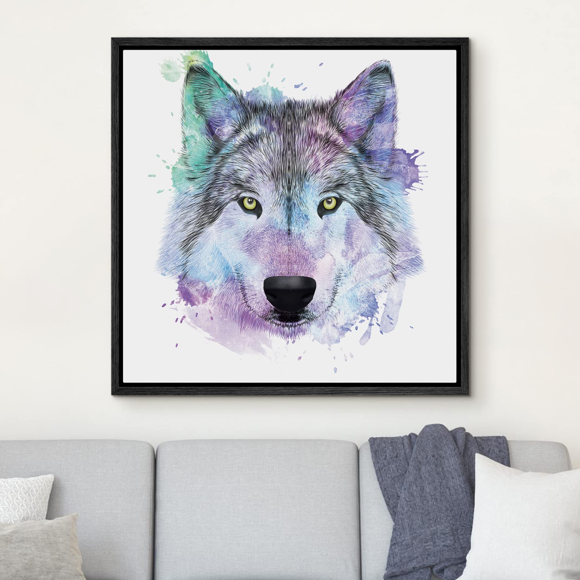 Wall26 - Fun And Colorful Splattered Watercolor Wolf - Framed Canvas Art Home Art - 24''X24'' Black