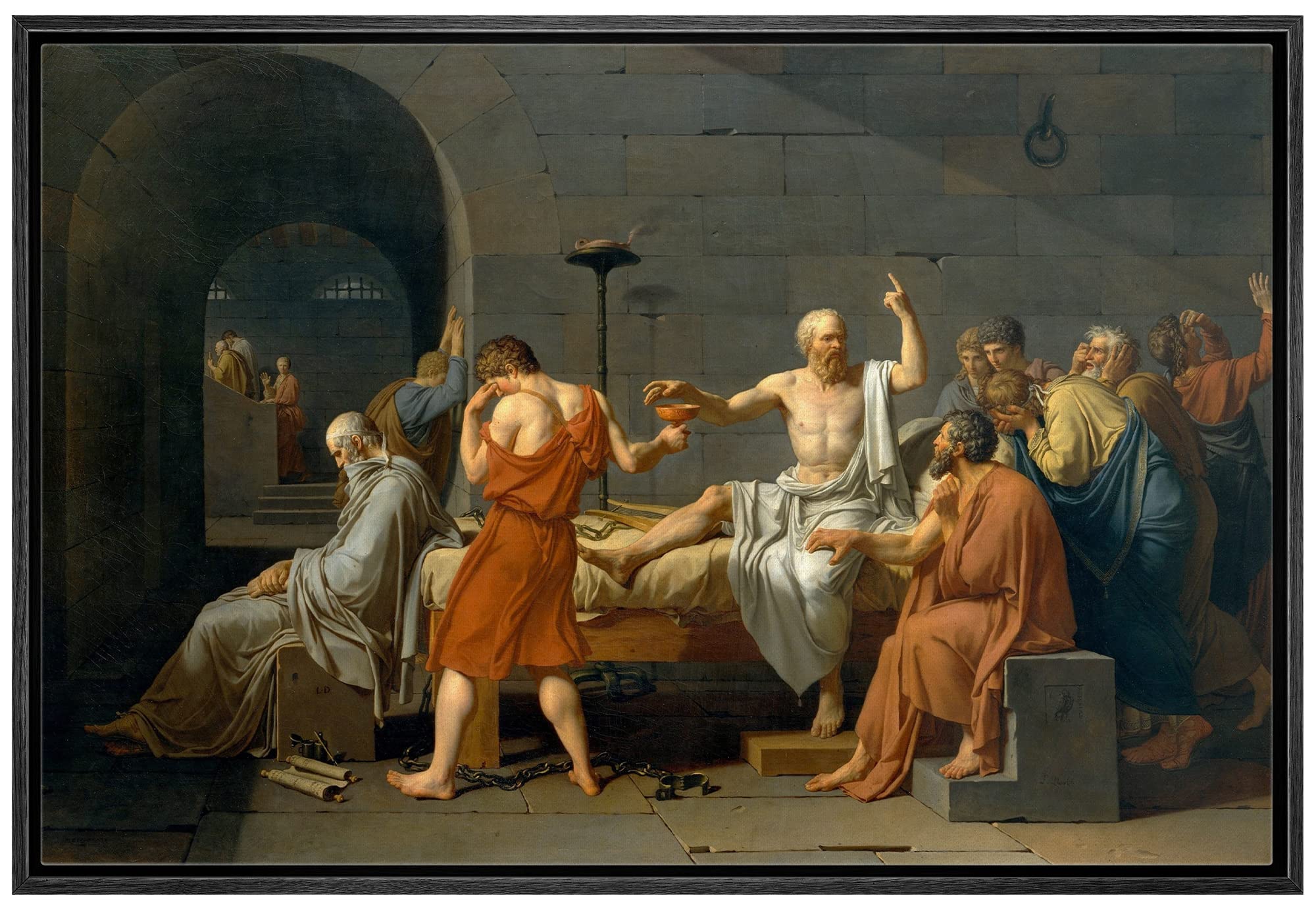 Wall26 - The Death Of Socrates By Jacques-Louis David - Framed Canvas Print Wall Art Famous Painting Reproduction - 16''X24'' Bl