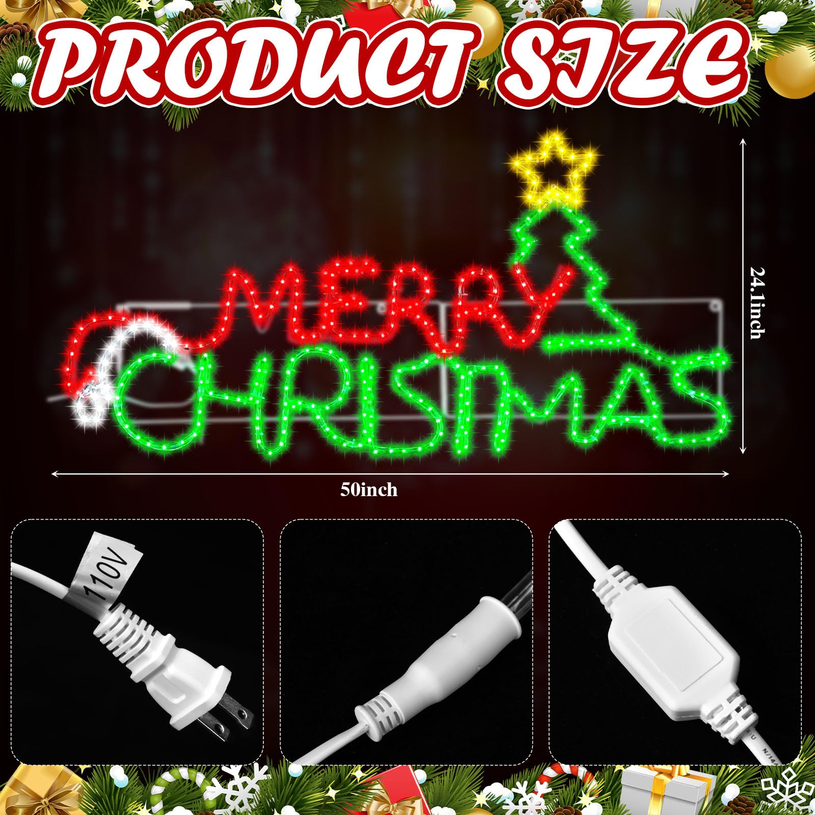 Rossesay Lighted Merry Christmas Sign Decoration Extra Large Green and Red LED Neon Pre Lit Display Outdoor Christmas Yard Decor