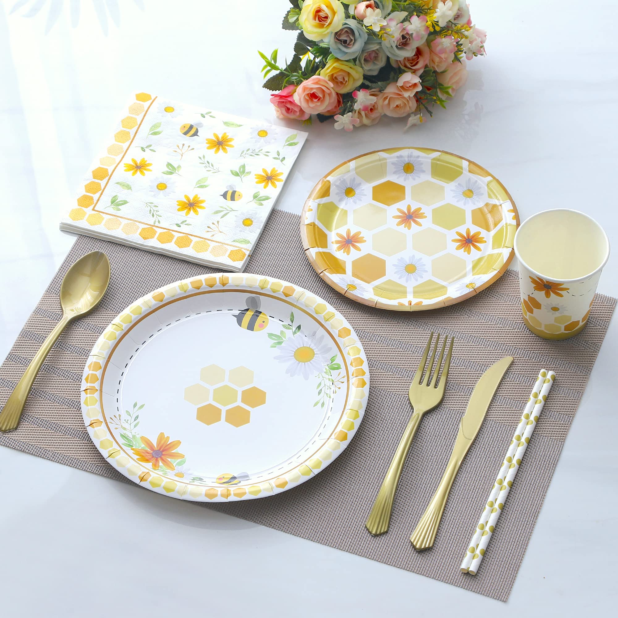 Bee Themed Party Supplies - Serves 16 - Includes Disposable Bee Plates, Cups, Napkins, And Straws Perfect For Bee Decorations, B