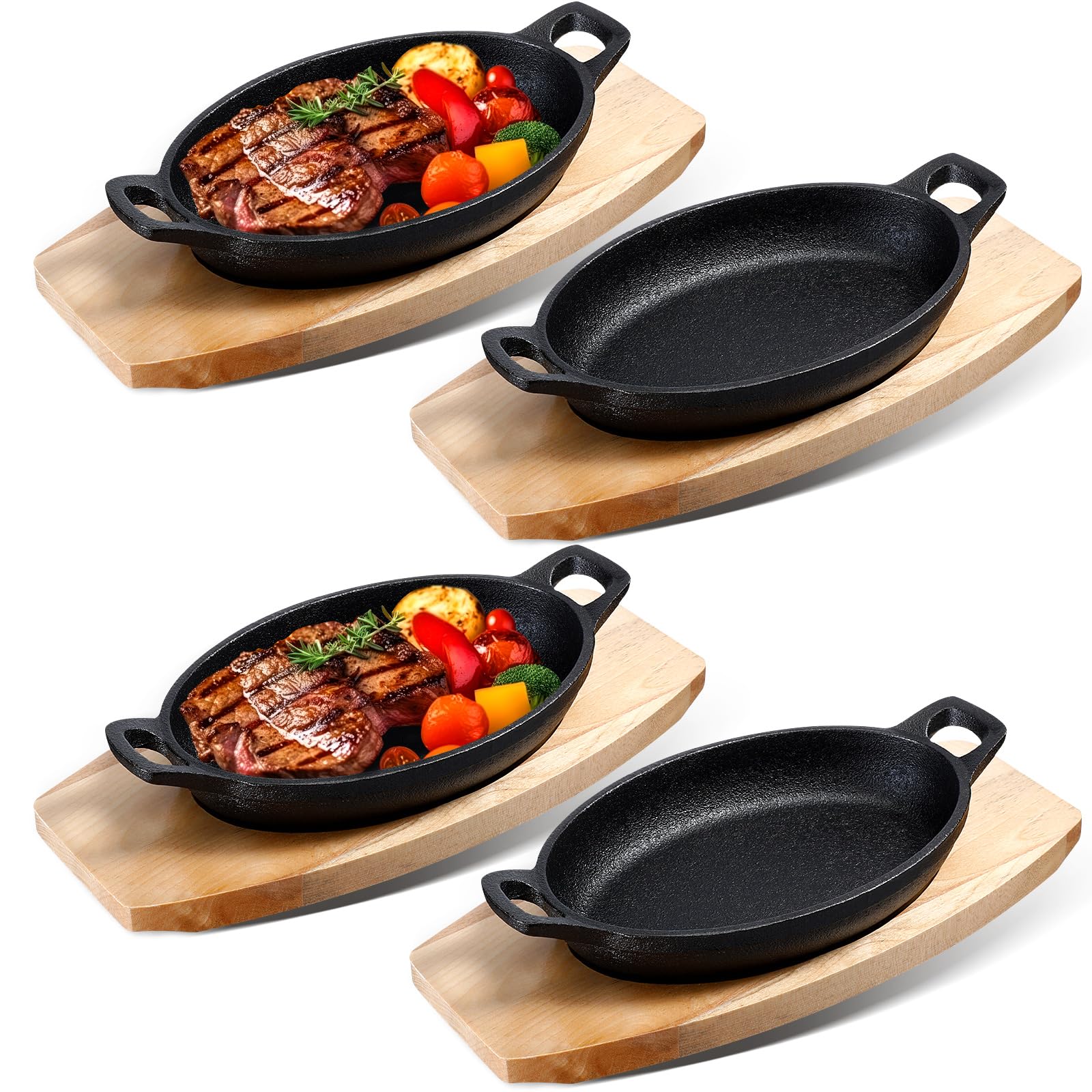 Mifoci 4 Pcs Mini Cast Iron Skillet with Wooden Base 8.5 x 6.1 x 1.7 Inches