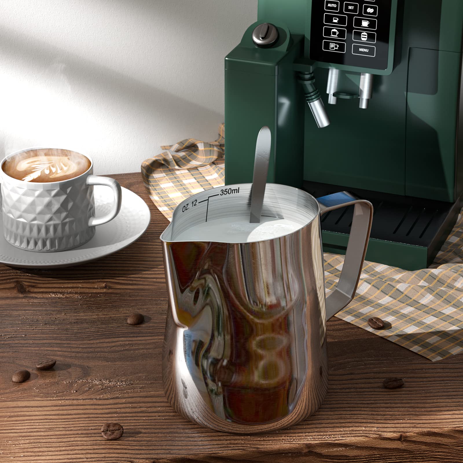 SIKEMAY Milk Frothing Pitcher Cup, 12oz Stainless Steel Jug with 2 Spoons, Perfect for Coffee Latte Art and Espresso Machine Accessories