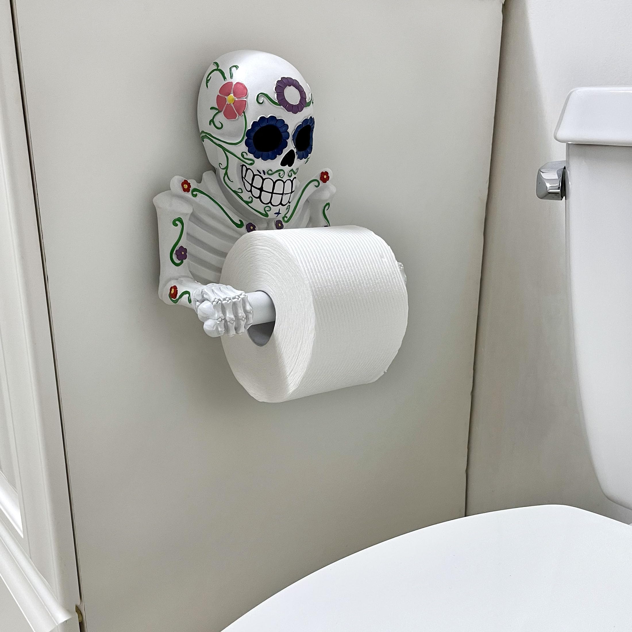 D  A De Los Muertos Vibrant Sugar Skull Skeleton Toilet Paper Holder - Whimsical Bathroom Tissue Dispenser And Novelty Home Deco