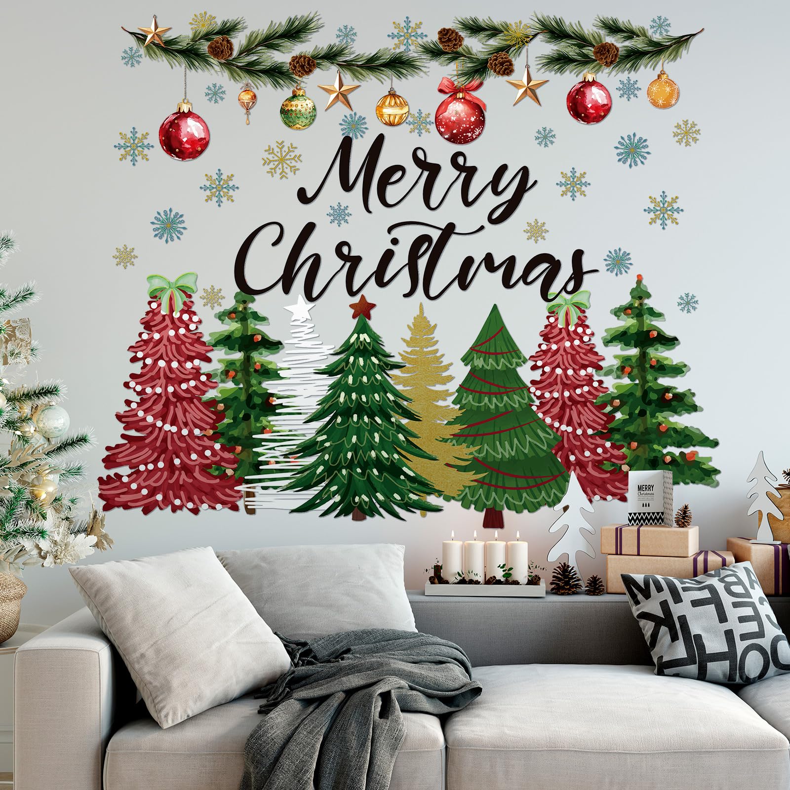 Drydiet 2 Pcs Large Christmas Tree Wall Decals 44 x 32 Merry Christmas Snow Watercolor Tree Wall Stickers Red and Green Peel and