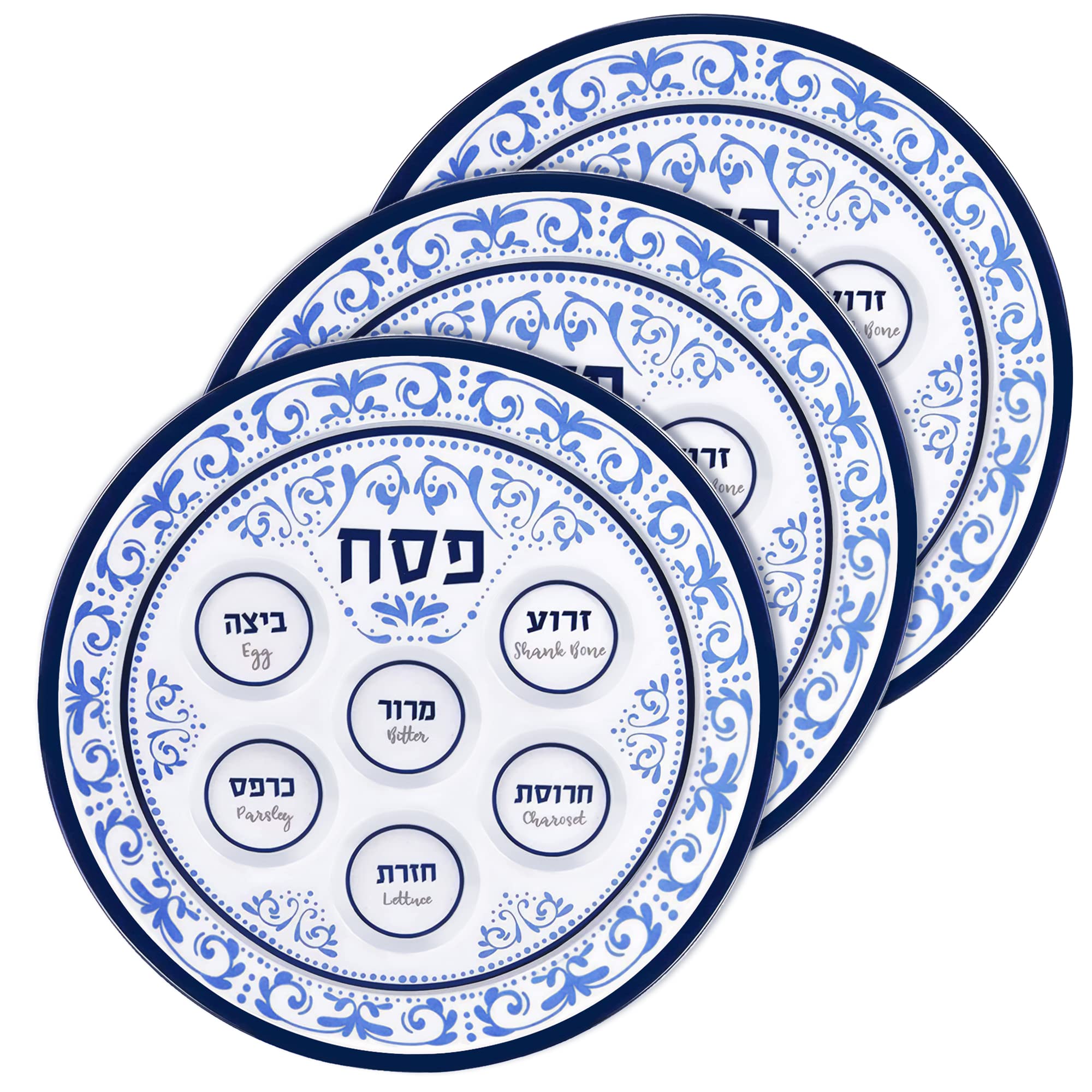Passover Seder Plates 12 Melamine - 6 Section Plate Marked with Symbolic Pesach Seder Foods - Round Seder Tray for Adults, Child