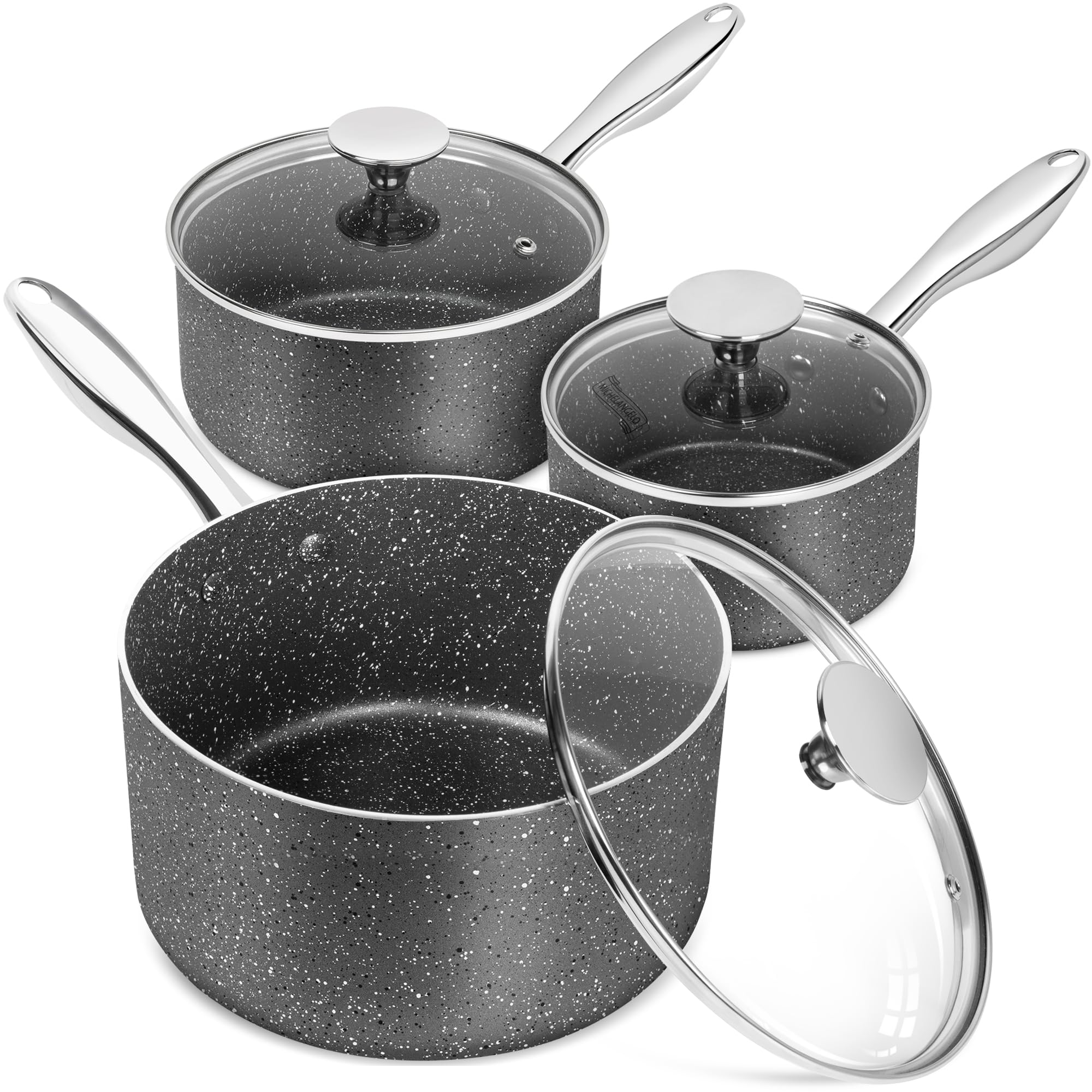 Michelangelo Sauce Pan With Lid, Granite Saucepans With Lids, 1Qt & 2Qt & 3Qt Sauce Pan Sets, Nonstick Saucepan Set With Stainle