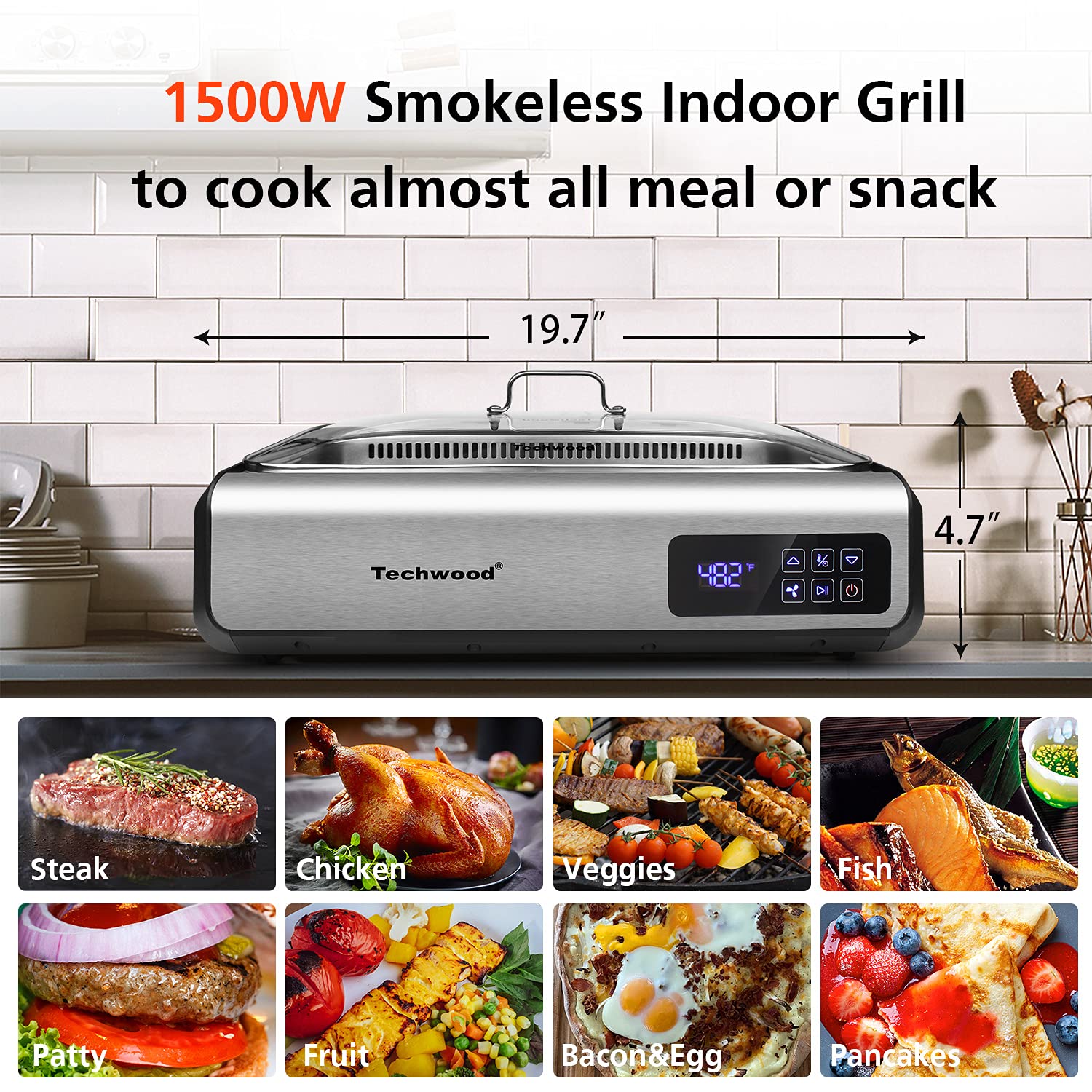 Indoor Smokeless Grill Techwood 1500W Electric Grill With Tempered Glass Lid & Led Smart Control Panel, 8-Level Control Korean B