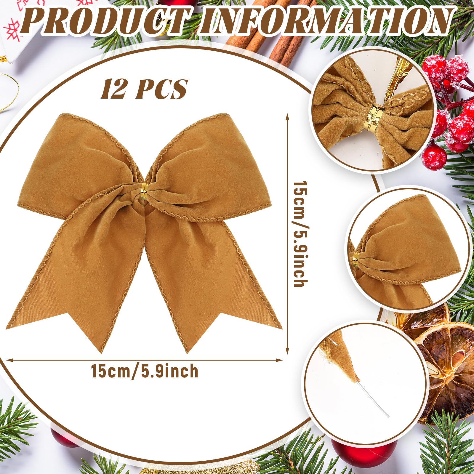 Janinka 12 Pcs Khaki Christmas Velvet Bows 6 Inch Rustic Wreath Gift Bows Vintage Xmas Velvet Ribbon Bow Ornaments for Xmas Farm