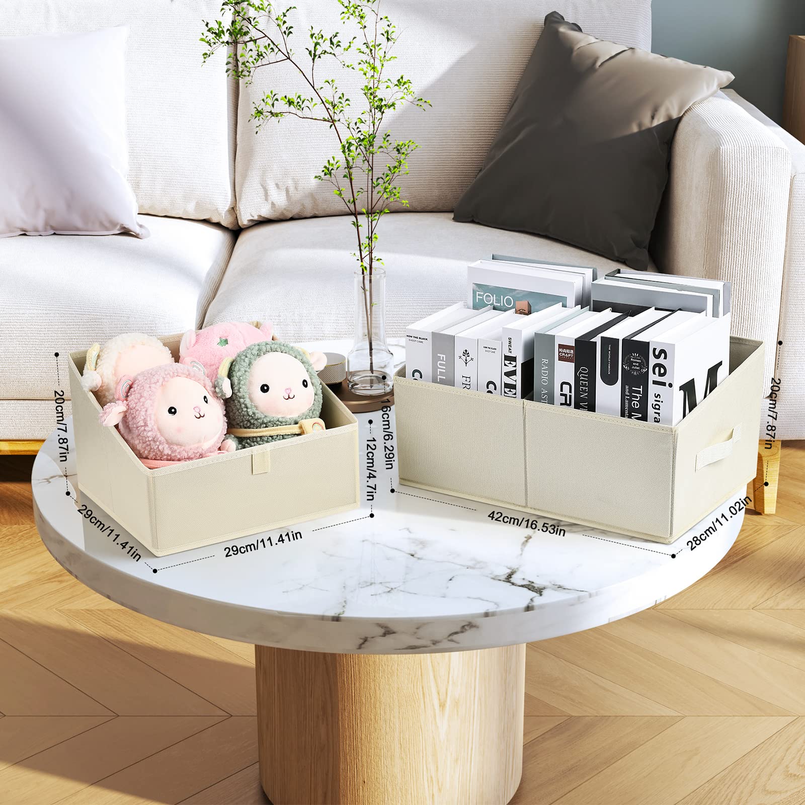 DIMJ Storage Bins  6 Packs Traprzoid Storage Bakskets for Organizing  Fabric Bins for Closet with Front Handle  Closet Organizer Cube Bins for Toys  Books  Clothes  Beige
