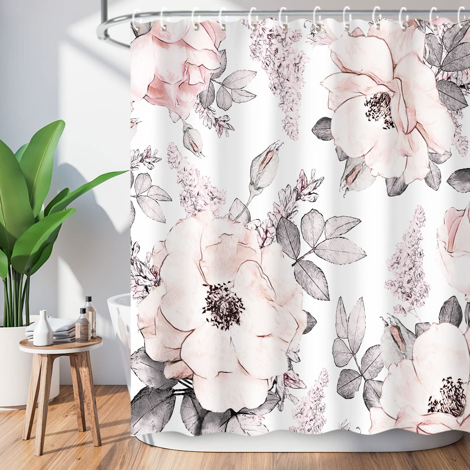 Livilan Pink Gray Flower Shower Curtain, Watercolor Floral Shower Curtains With Hooks White Grey Fabric Blossom Bathroom Decor M
