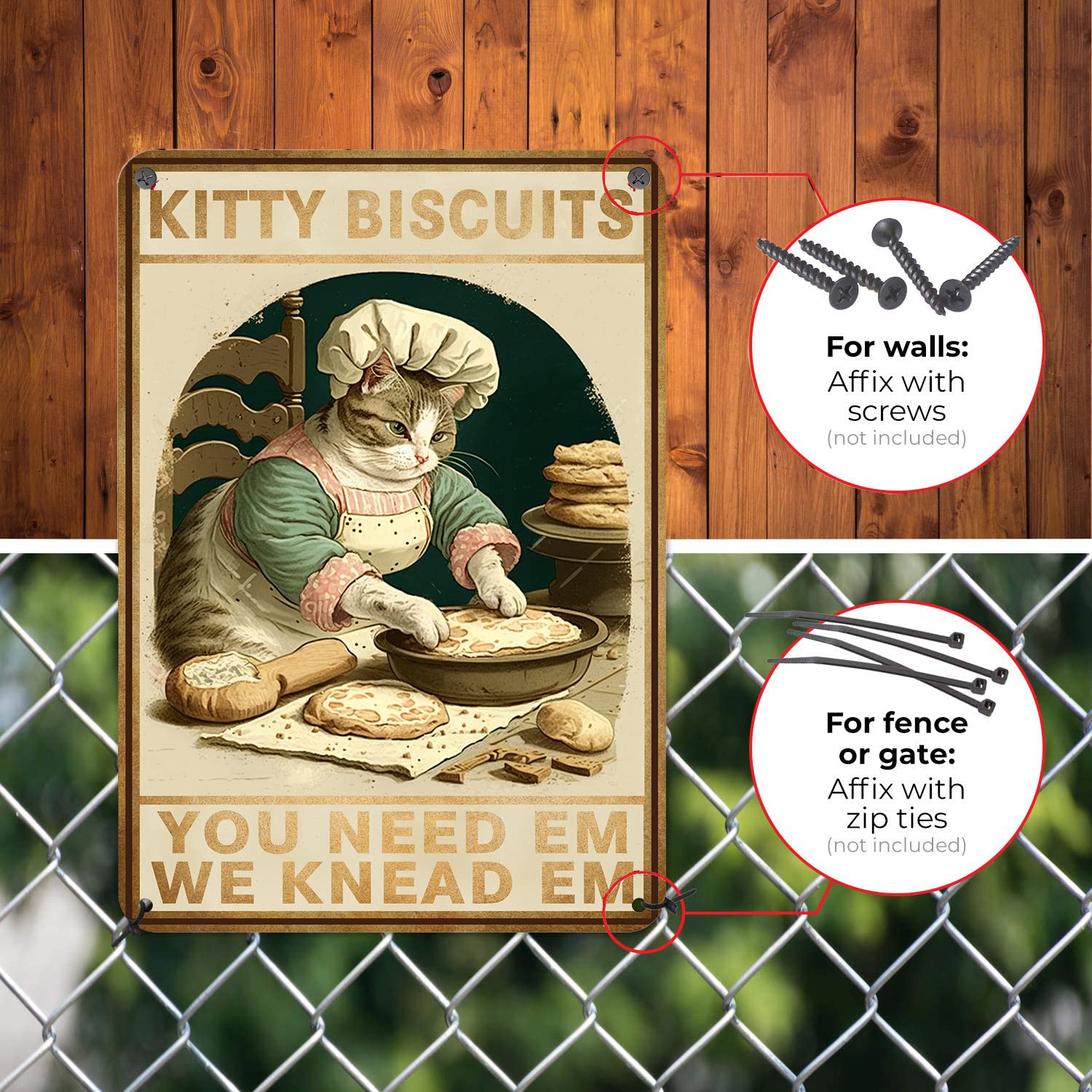 Hyblom Cottagecore Decor - Cat Signs - Kitty Biscuits You Need Em We Knead Em Poster - Vintage Home Wall Art Metal Tin Sign 12X8