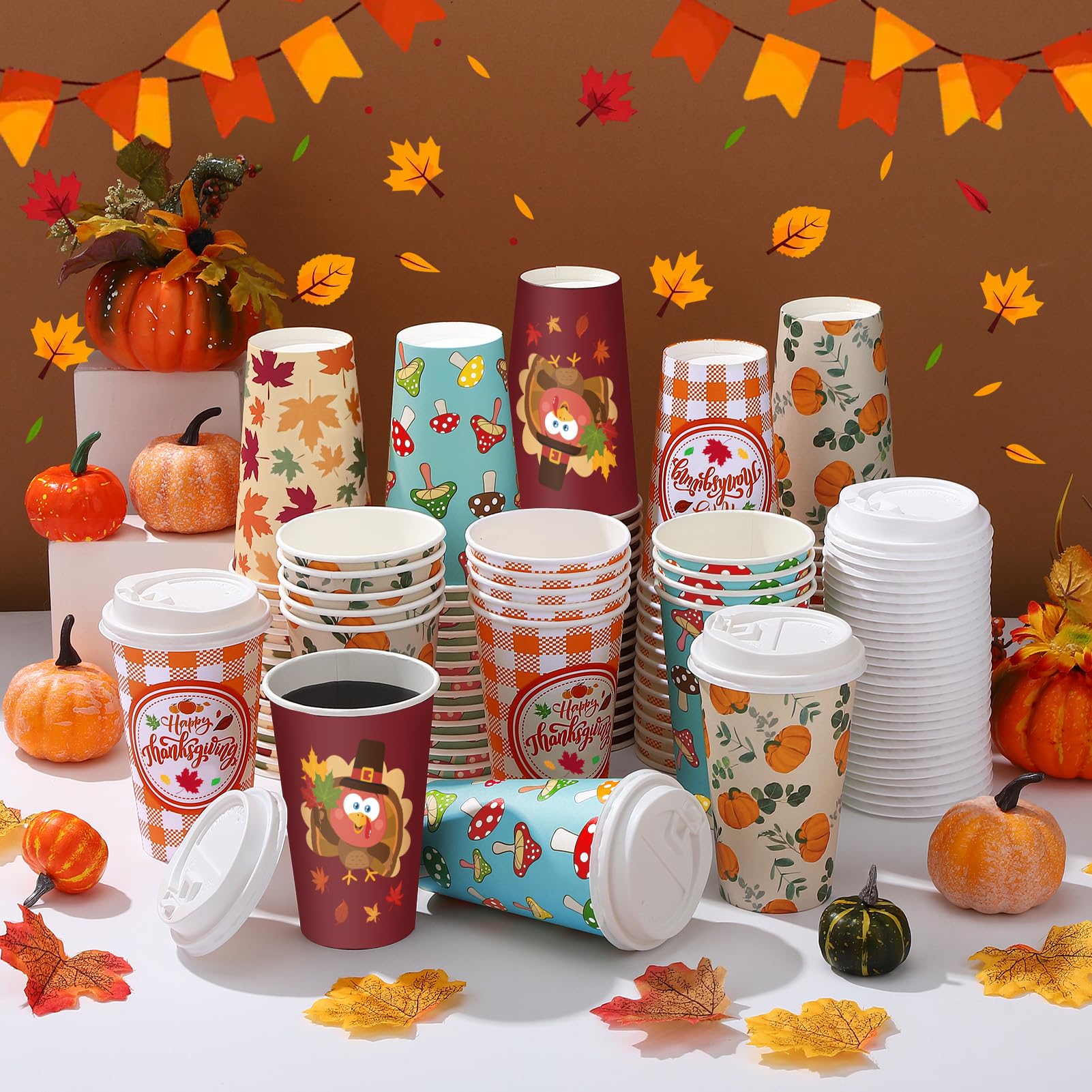 Ovveroche 100 Pack 16 oz Fall Thanksgiving Disposable Coffee Cups with Lids,Pumpkin Maple Leaves Mushroom Disposable Cups for Ho
