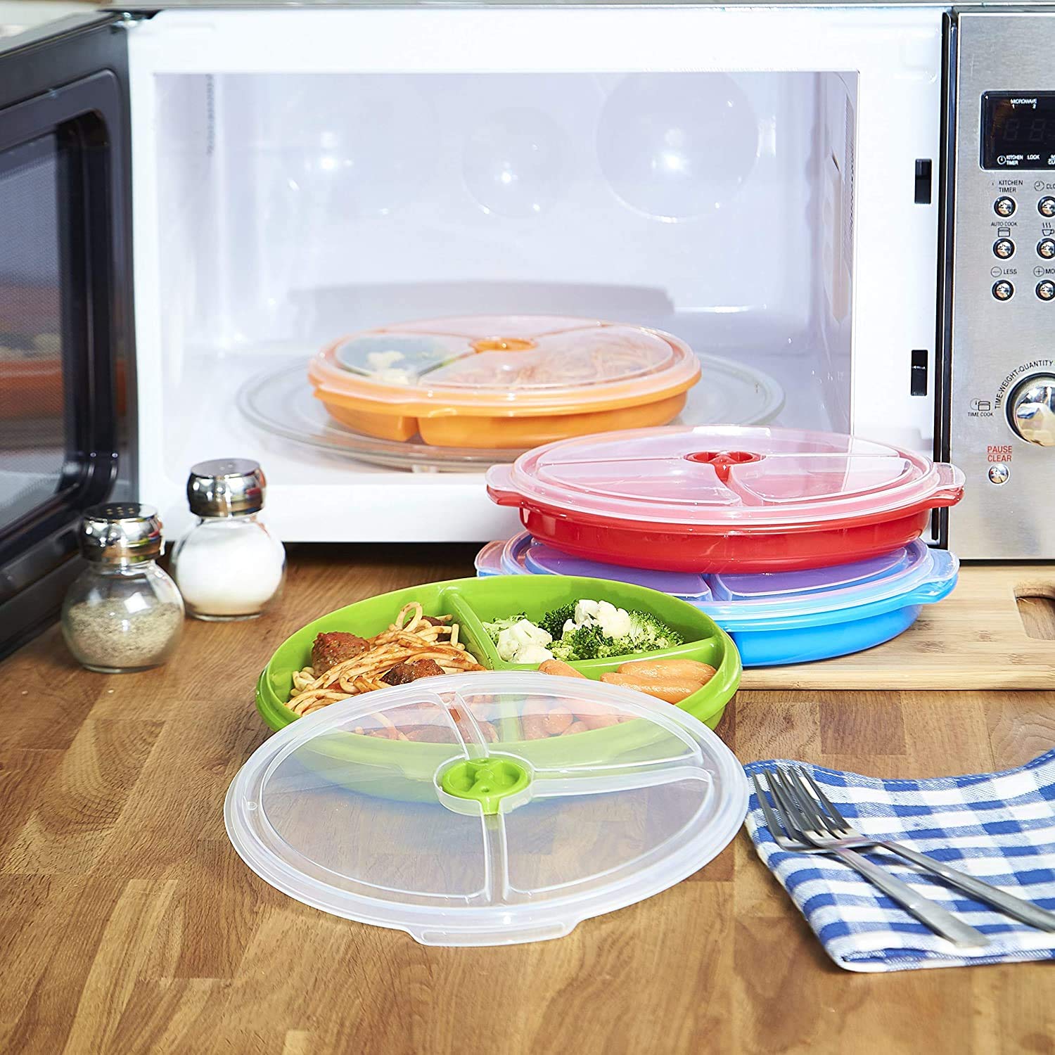 Home Products Essentials Microwave Food Storage Travel Tray Containers - Portion Control - 3 Section Compartment Divided Plates