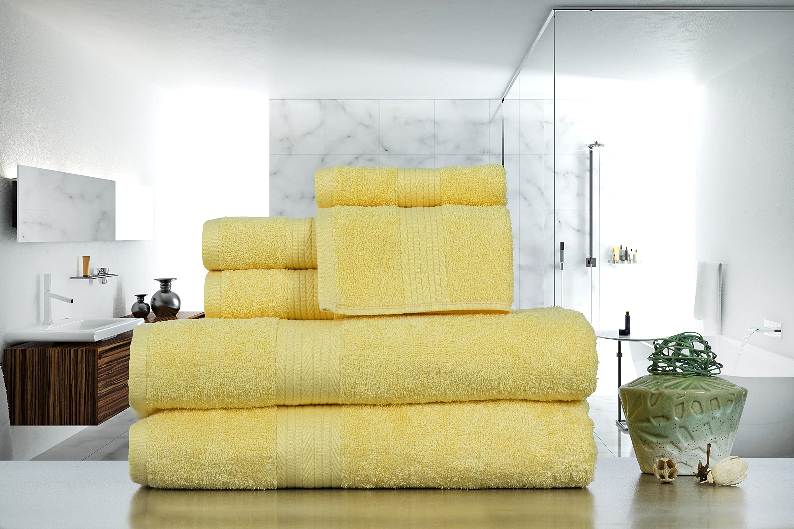 Ample Decor 100% Cotton 6 Piece Bathroom Towels Set, 2 Bath Towels, 2 Hand Towels, 2 Washcloths, Quick Drying - Yellow Towel Set