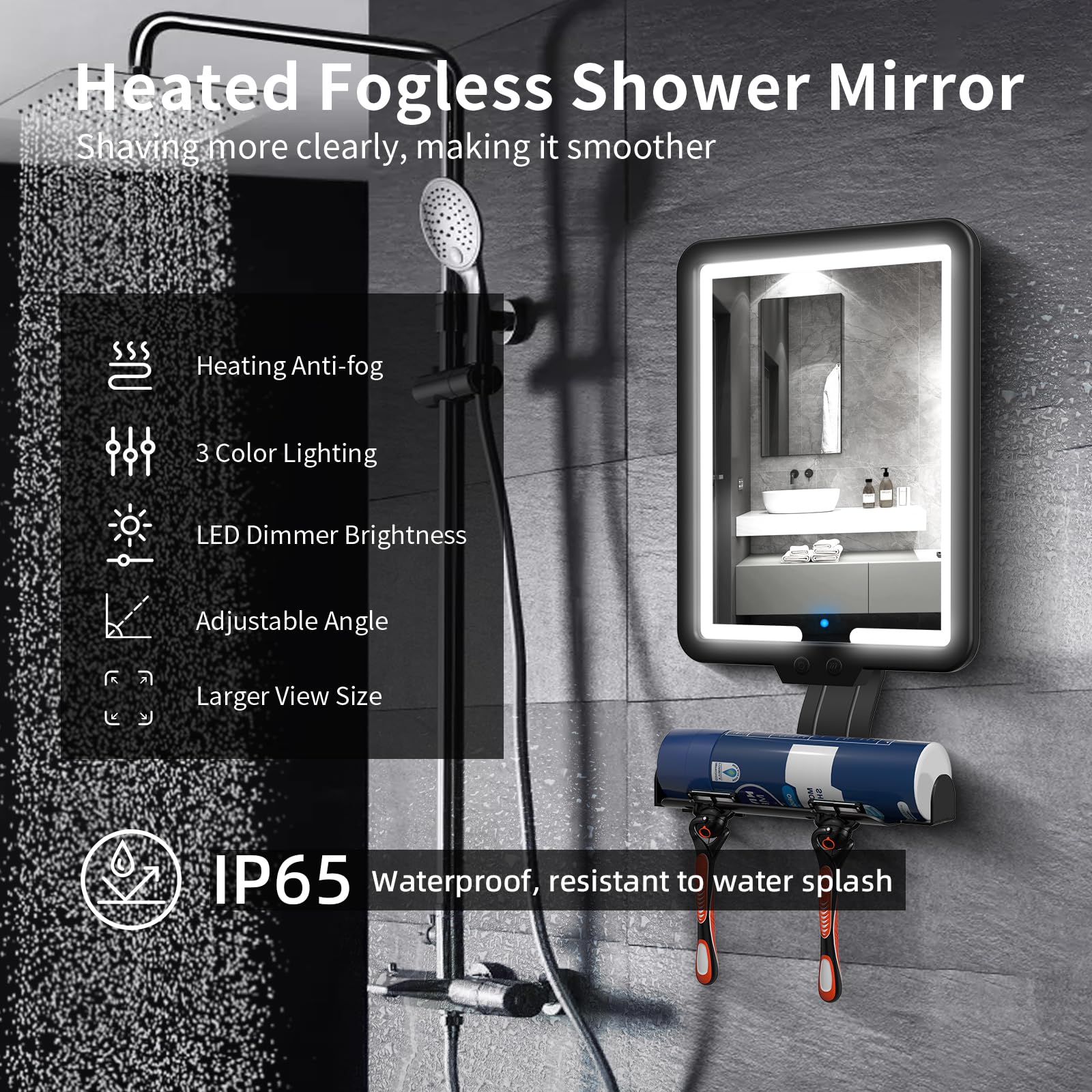 Lighted Shower Mirror Fogless For Shaving, Heated Fog Free Large 9.5*7Inch 3 Color Modes Dimming Shower Shaving Mirror With Ligh
