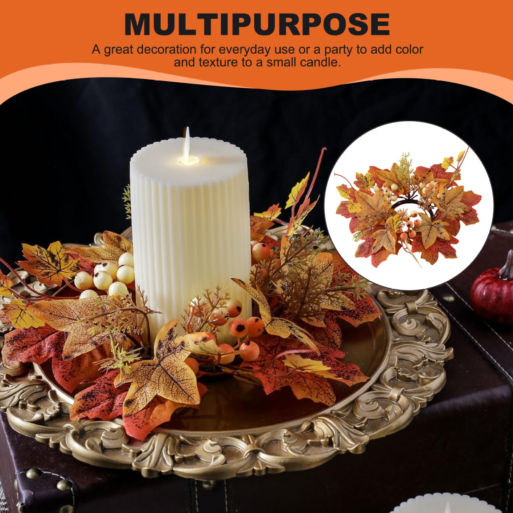 2Pcs Fall Candle Ring 9.8 Inch Autumn Candle Ring Artificial Maple Leaf Wreath Thanksgiving Candle Ring Holder Mini Fall Wreath