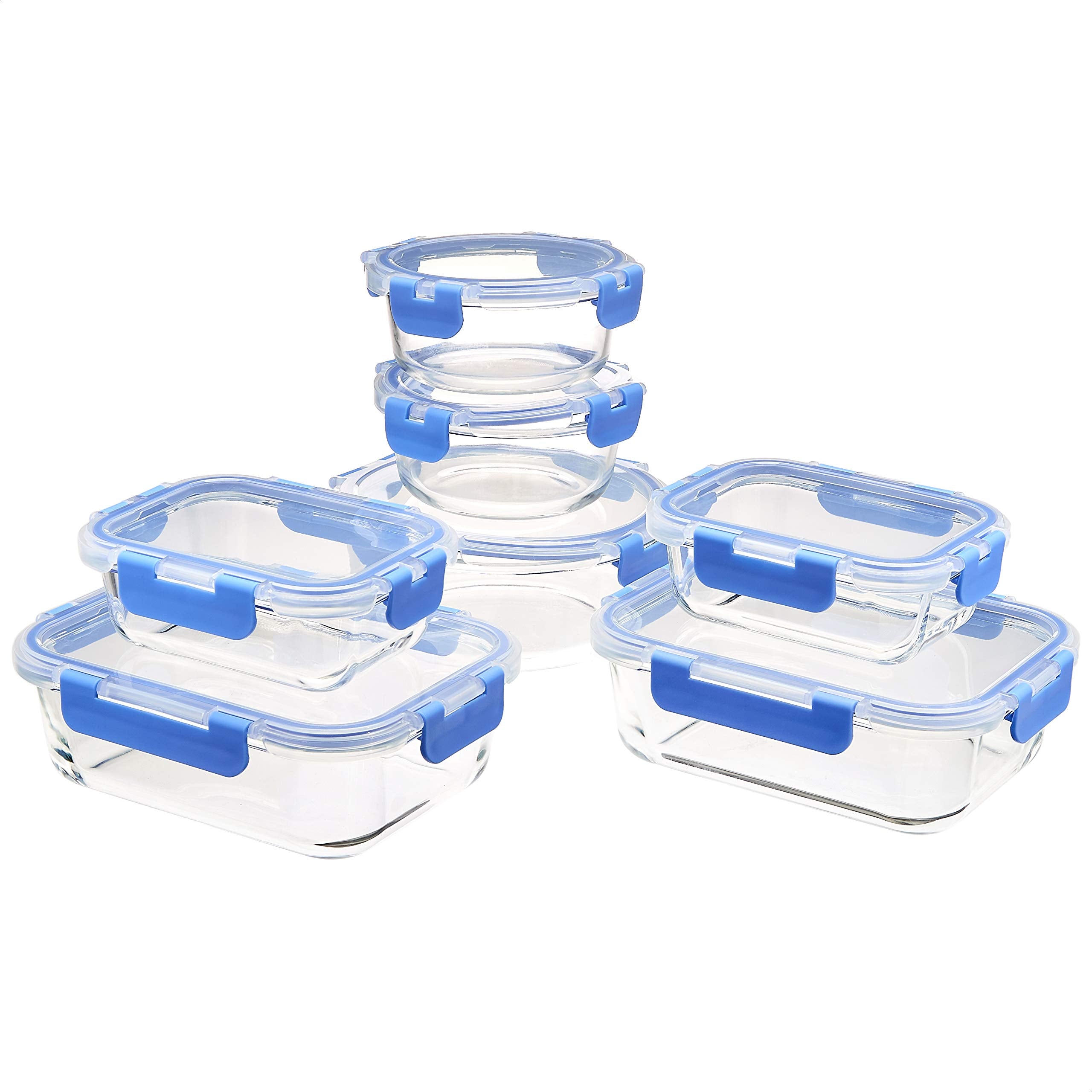 Amazon Basics Glass Food Storage Containers with Locking Lids, Set of 7, 14 pieces including lids, BPA-Free, clear with blue sil