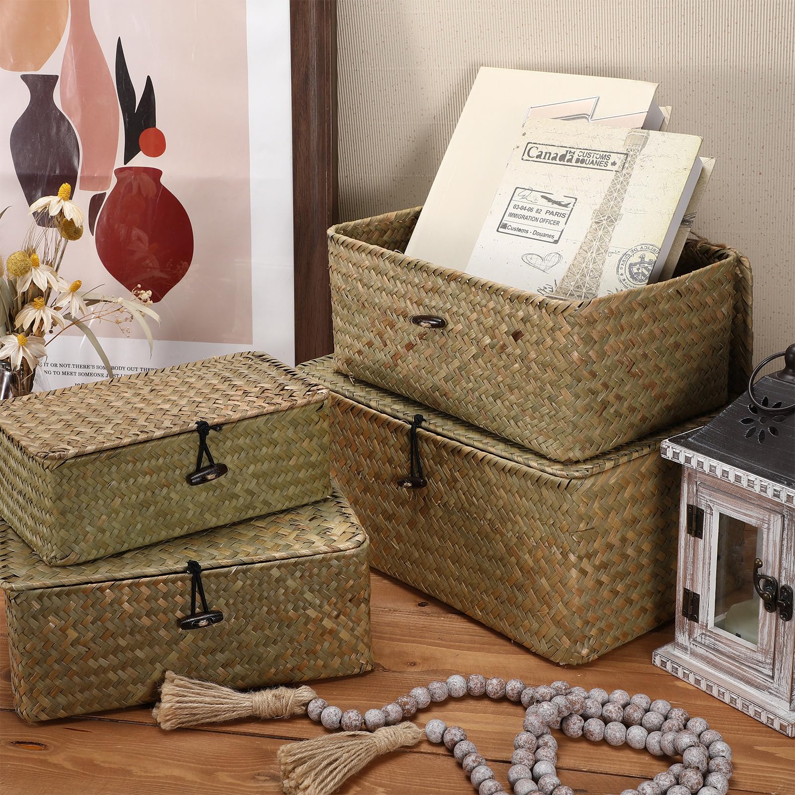 Woanger Set Of 4 Seagrass Basket With Lids Woven Rattan Wicker Storage Basket Decorative Storage Boxes Rectangular Baskets For D