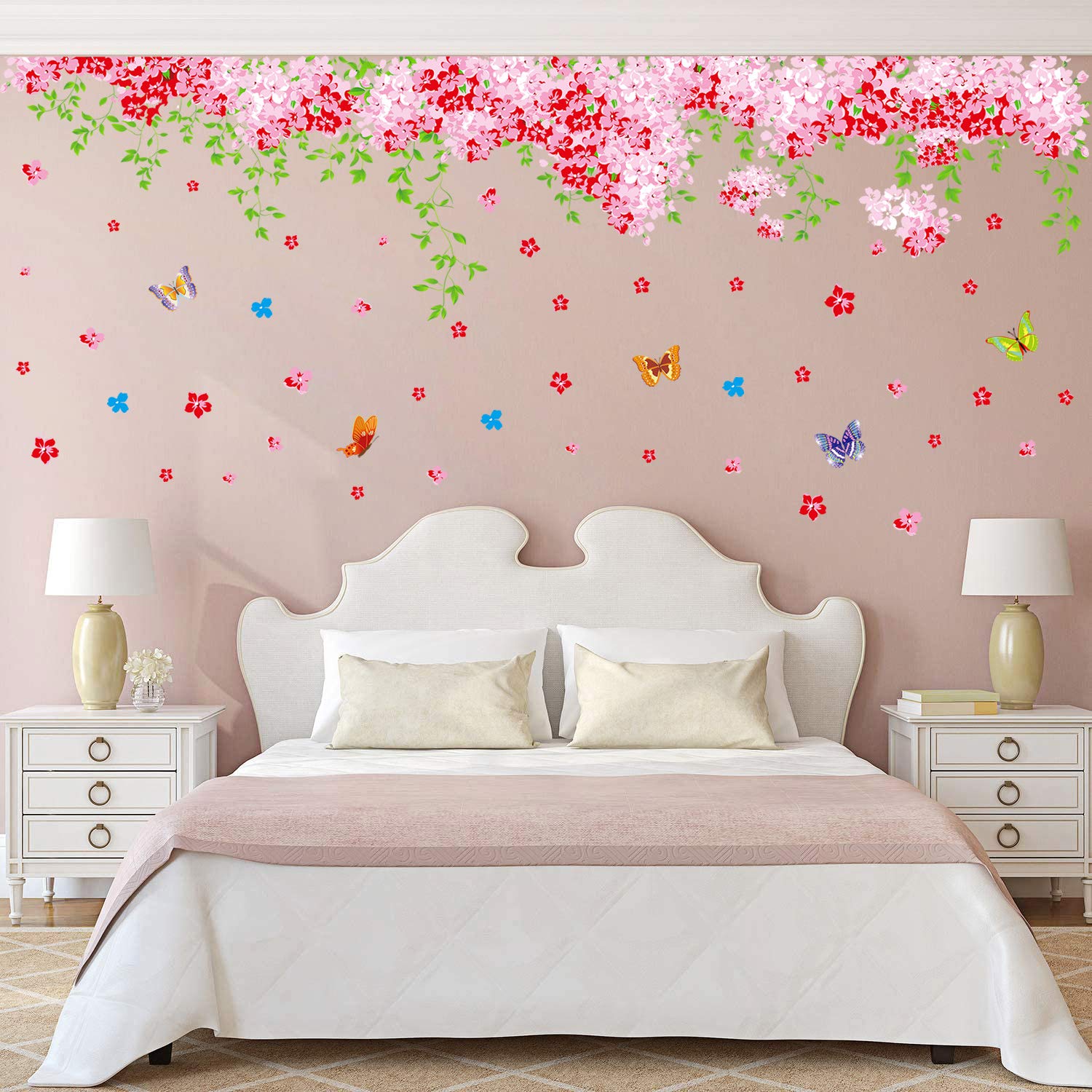 Amaonm Large Huge Fashion Pink Romantic Cherry Blossom Flower Vine Butterfly Wall Corner Decal Wall Stickers Murals Wallpaper Fo