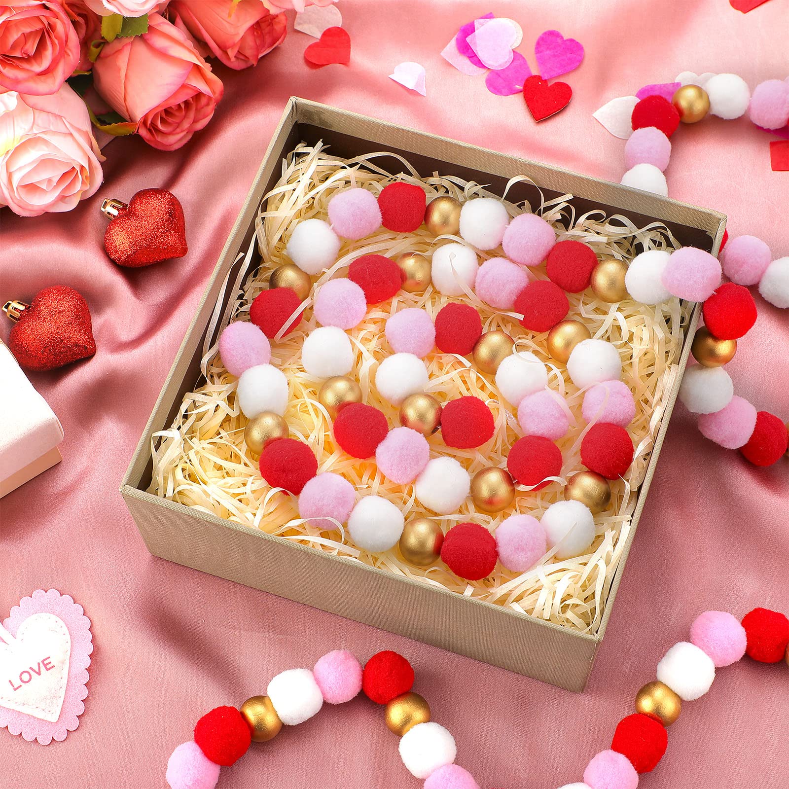 2 Pcs Valentines Day Garland Decoration Valentine Pom Pom Wool and Wood Felt Ball Valentines Felt Garland with Gold Wood Beads V