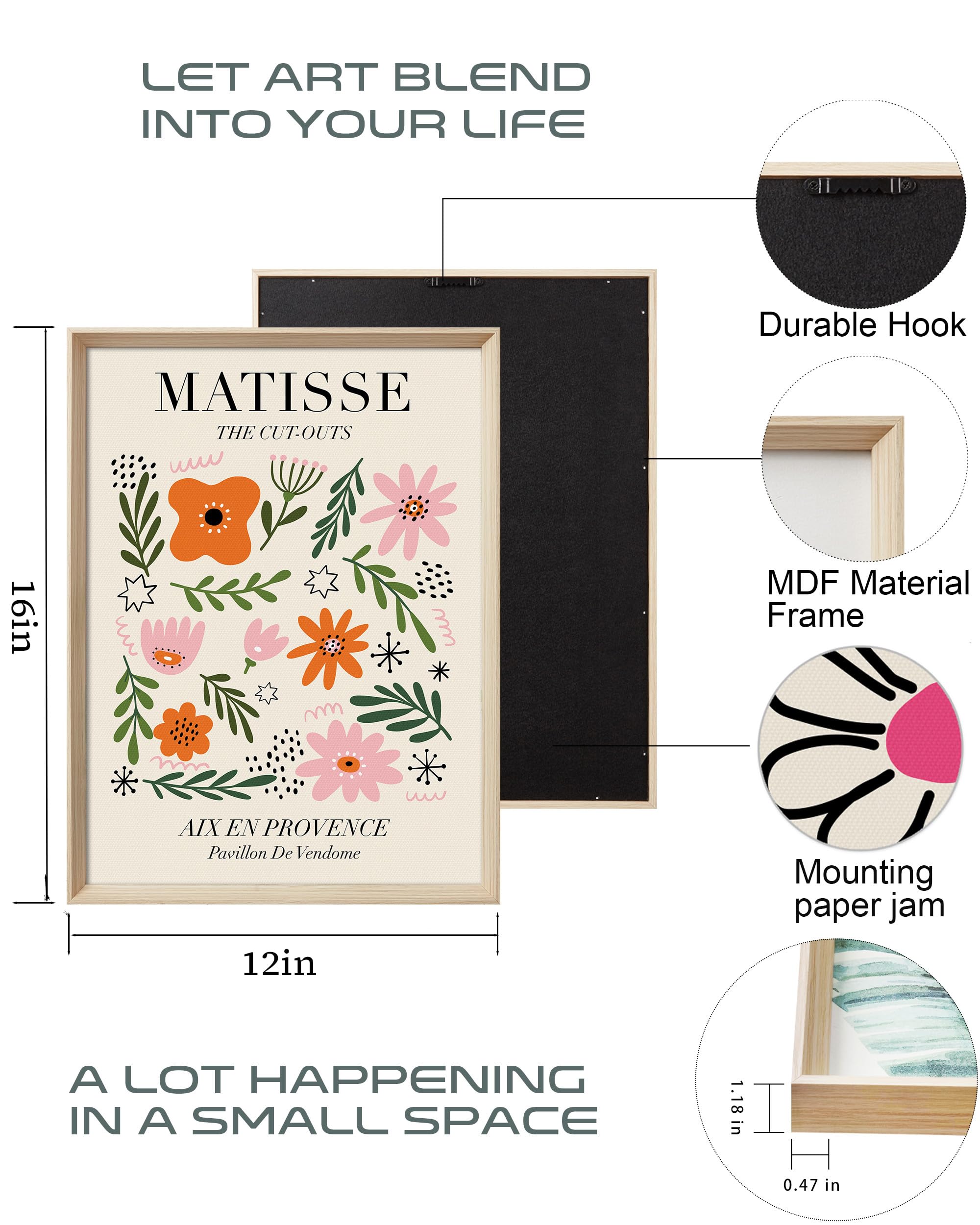 UPWOIGH Framed Wall Art(No Plexiglass)  Abstract Henri Matisse Canvas Wall Art  12X16in Pink TOKYO Flower Market Wall Decor  Wood Minimalist Wall Art for Living Room Set of 3