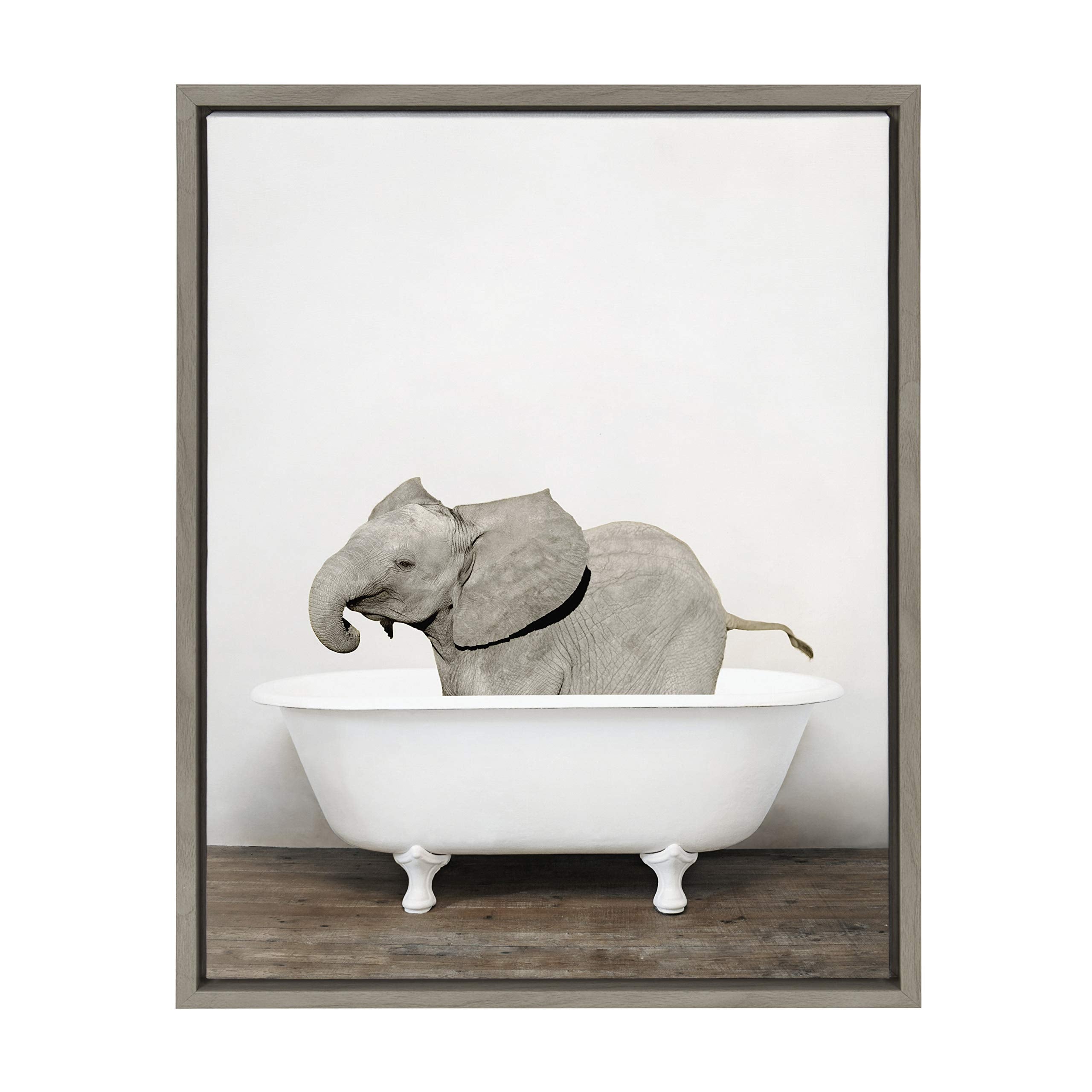 Kate And Laurel Sylvie Baby Elephant In The Tub Framed Canvas Wall Art By Amy Peterson, 18X24 Gray