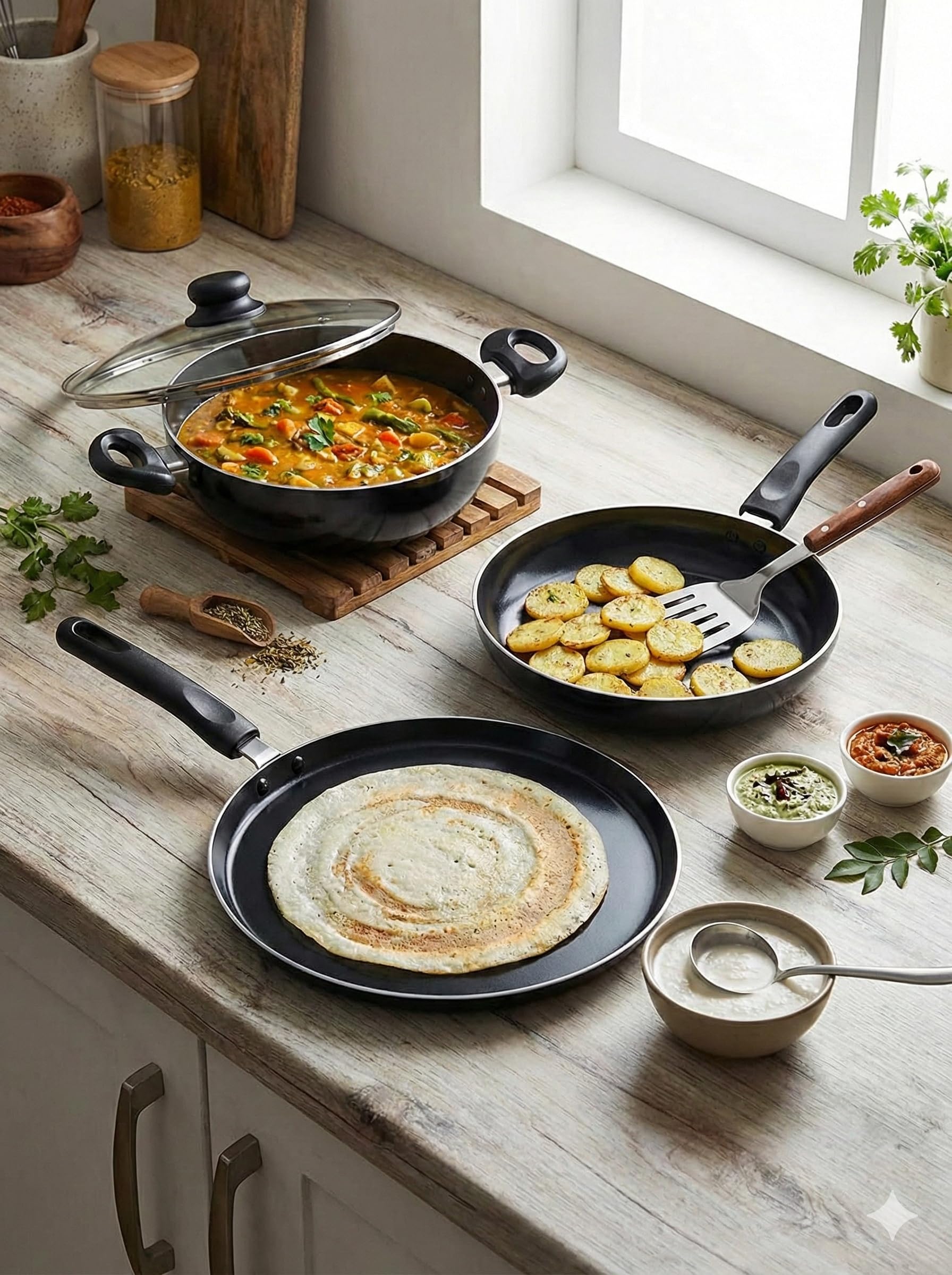 Metalux  4 Pcs Aluminium Ceramic Coated Nonstick Cookware Set  24 Cm Frypan, 24 Cm Kadai, 28 Cm Dosa Tawa, 1 Glass Lid
