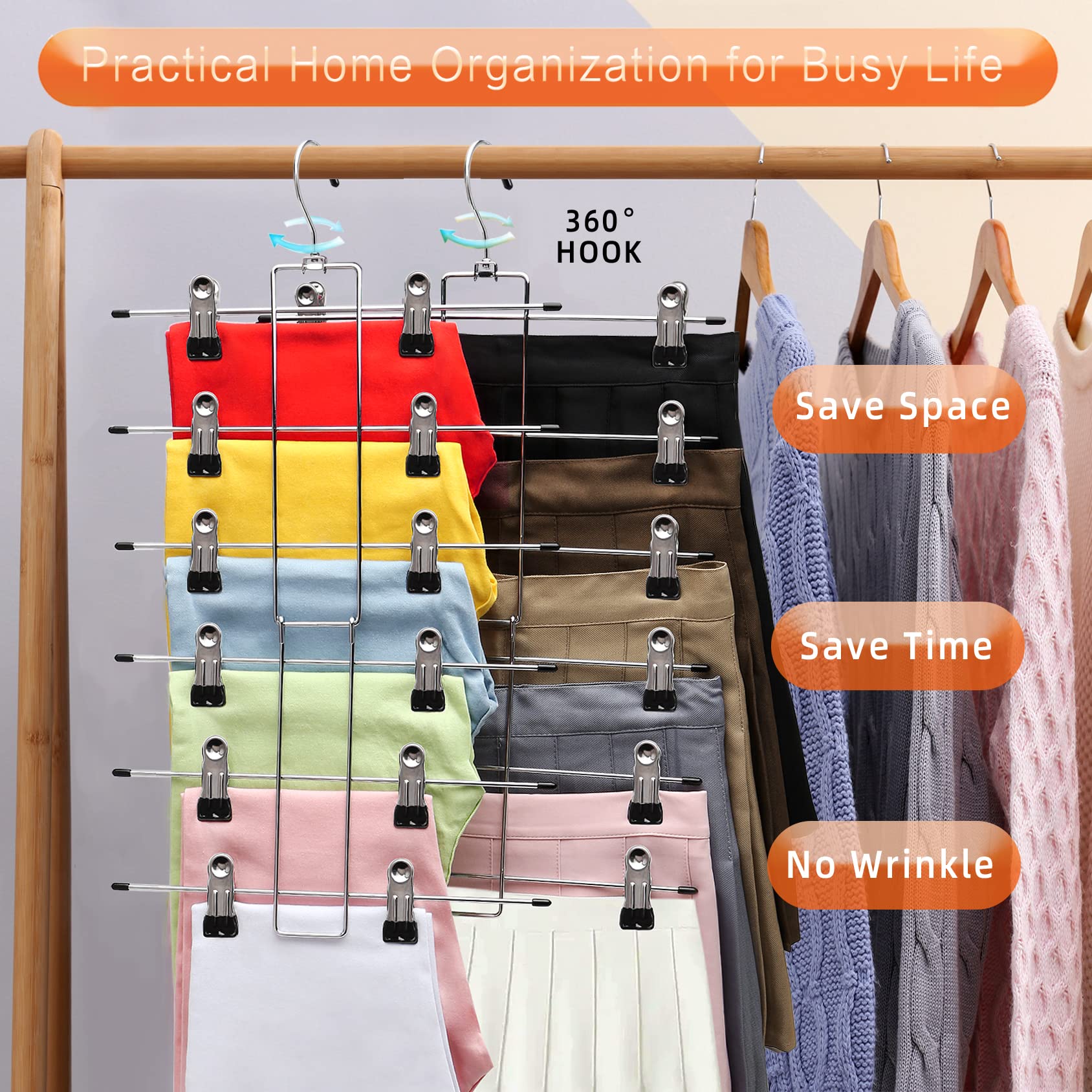 3 Pack Pants-Hangers-Space-Saving 6 Tier-Closet-Organizers-and-Storage Skirt Hangers with Clips Clothes- Jeans Scarf Hangers College-Dorm-Room-Essentials D?cor  Stainless Steel