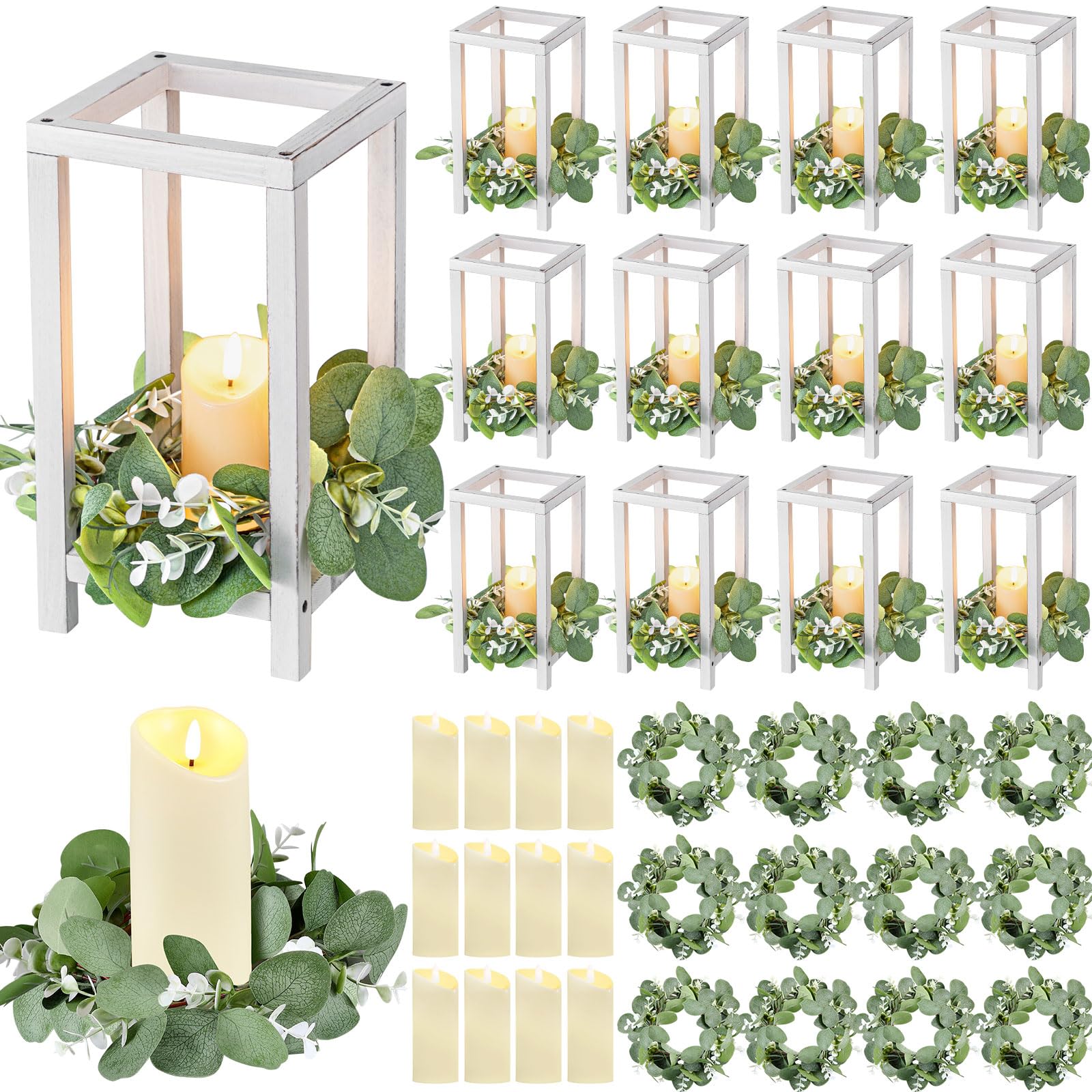Geelin 12 Set 10.59   White Wooden Lanterns for Wedding Centerpieces Include 12 Wooden Lantern 12 LED Candle 12 Eucalyptus Leave