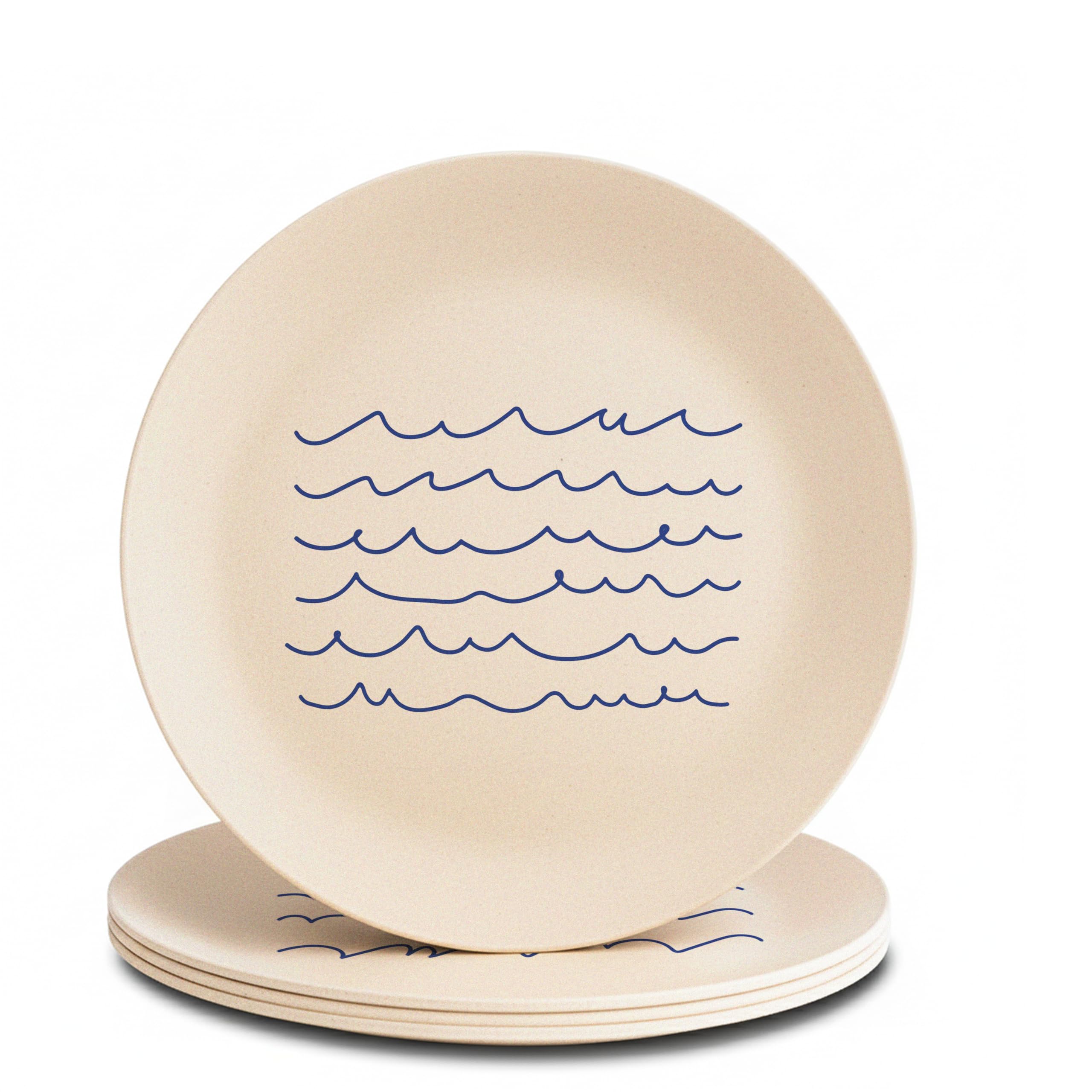 Nook Theory 4 Pack Reusable Bamboo Plates - Non-Toxic Plate, Dishwasher Safe, Not Microwavable Dinnerware (Waves 8)