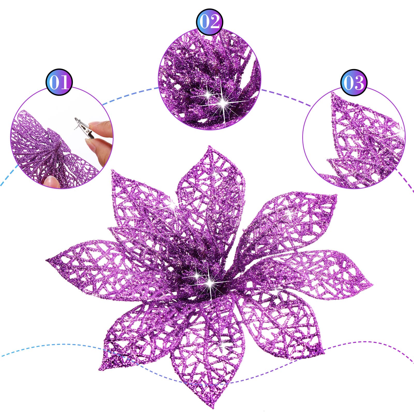 WILLBOND 36 Pieces Christmas Poinsettia Flowers Artificial Ornaments Glitter Christmas Decorations Tree Wedding New Year(Purple)