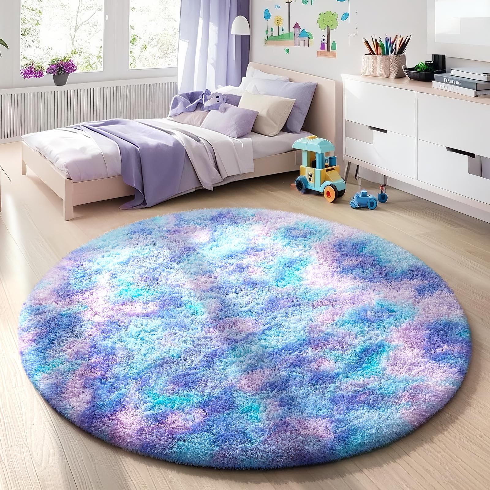 Ophanie Round Rug 4Ft Tie-Dye Rainbow Purple Circle Area Rug, Fluffy Fuzzy Bedroom Carpet, Plush Soft Shaggy Indoor Floor Colorf