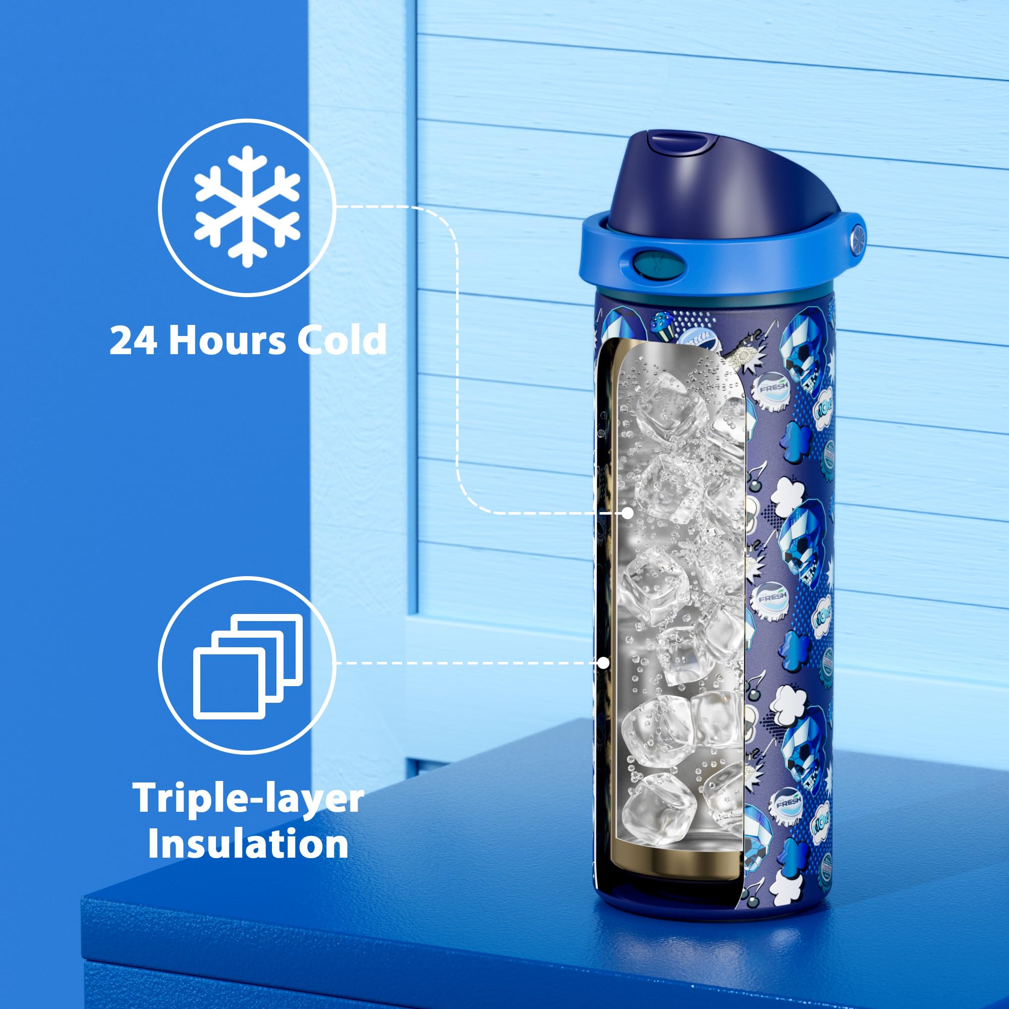 24 oz Insulated Water Bottle for Halloween: Meoky Stainless Steel Water Bottle with 2-in-1 Lid - Leak Proof, Cold for 24 Hours,