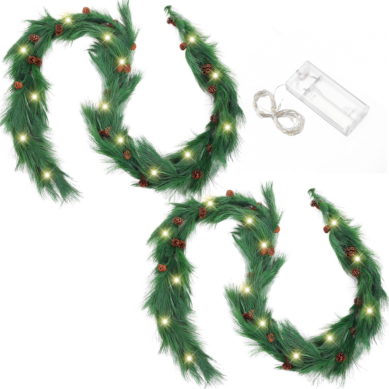 Jutom 2 Set 13.2ft Christmas Deluxe Norfolk Pine Garlands Artificial Long Needle Pine Cone Garland Realistic Xmas Cedar Garland 