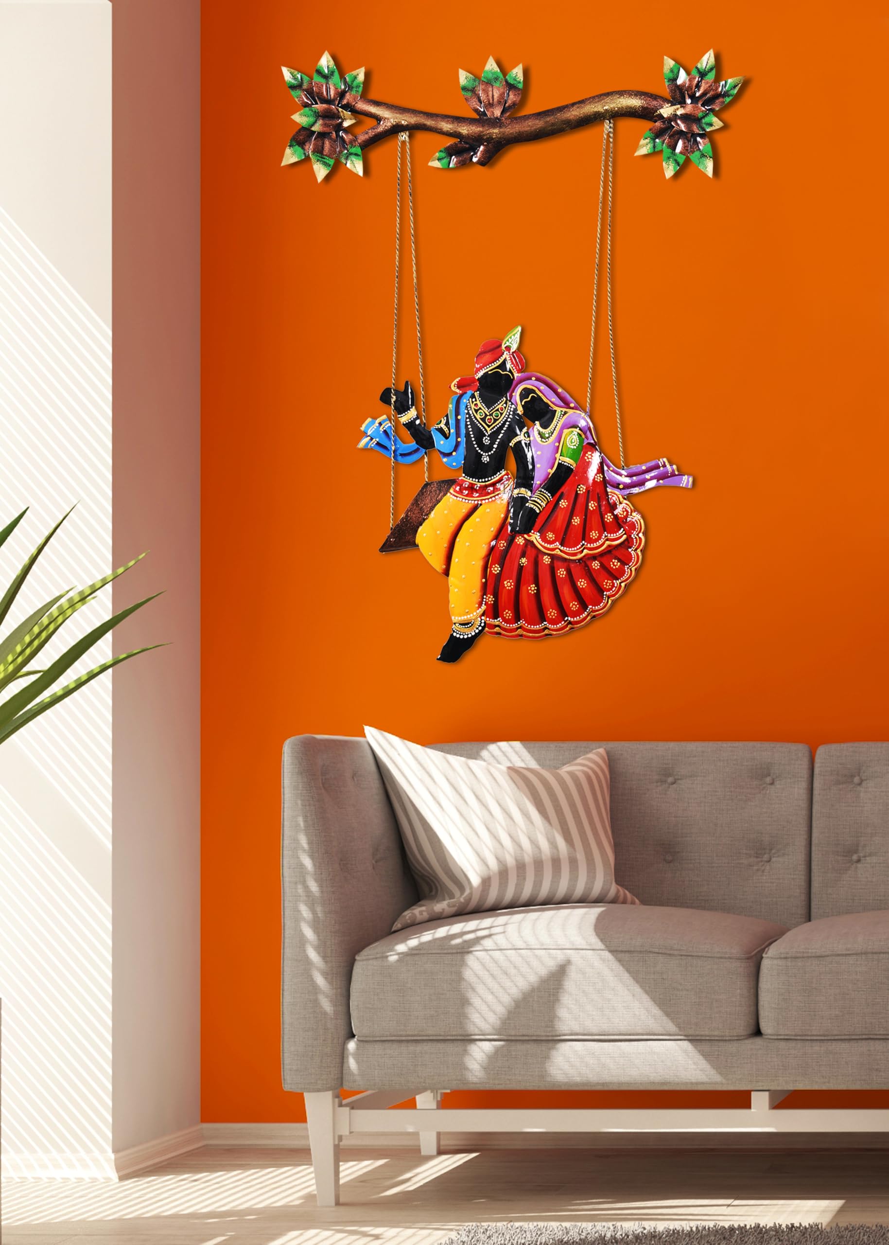 Craftowl Iron Radha Krishna Sitting On Jhula Wall Hanging | Rajasthani Wall Sculpture Figurine For Gift, Home Decor, Living Room