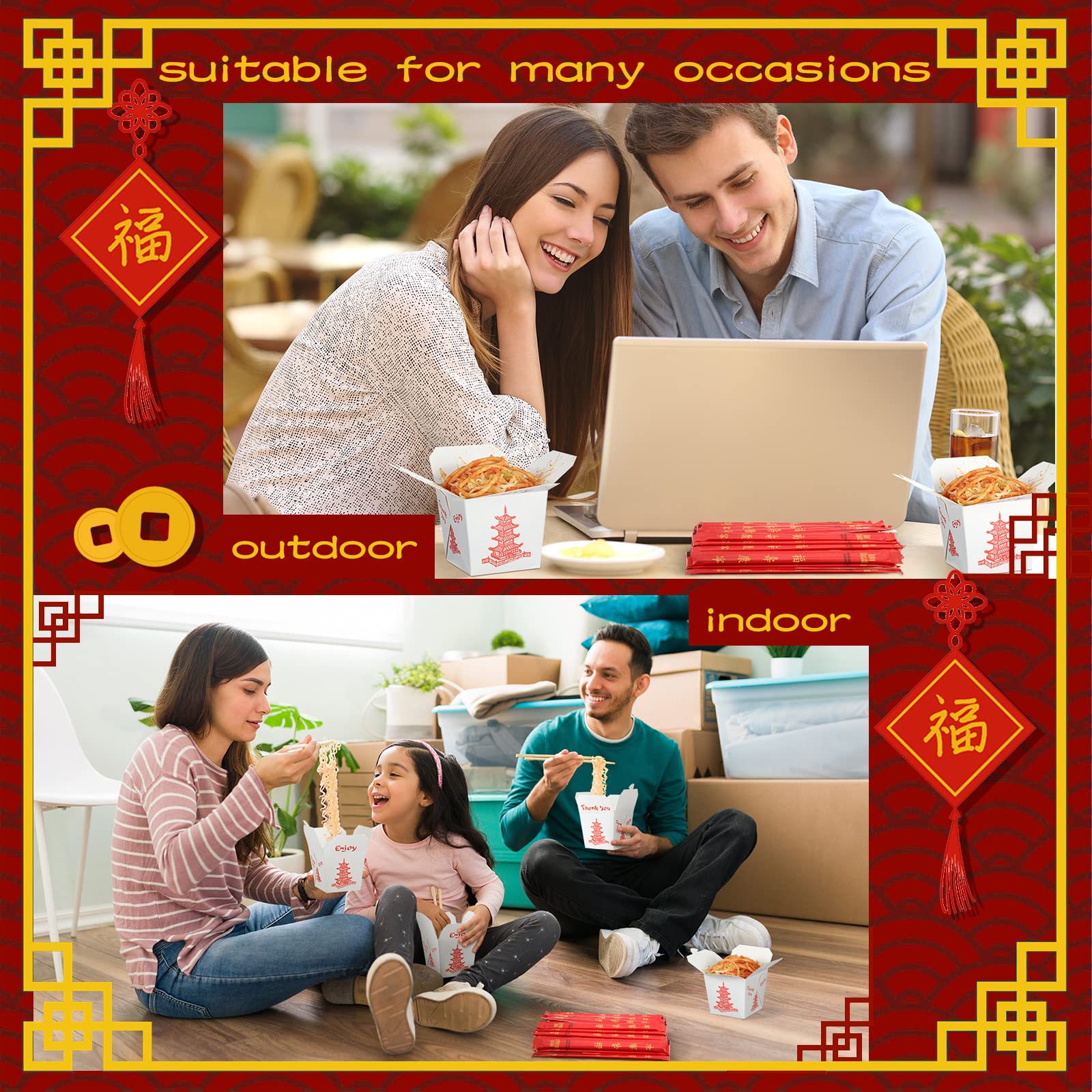 50 Sets 16 oz Chinese Take out Boxes with Chopsticks  Pagoda Paper Food Containers with Sleeved and Separated Disposable Chopsticks for Asian Party Decorations Favor Birthday Wedding Restaurant