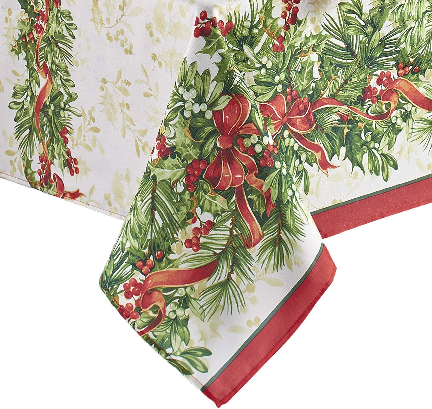 Newbridge Christmas Holly Ribbon Traditions Bordered 60 X 84 Inch Rectangle Fabric Tablecloth, Boughs Of Holly And Berry Ribbon