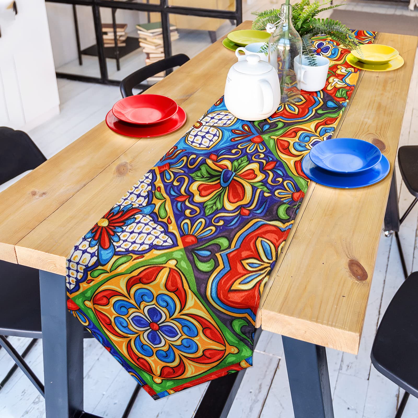 Mexican Talavera Ceramic Tile Pattern Linen Table Runners Dinner Table Setting Dresser Scarves Farmhouse Style For Party Holiday