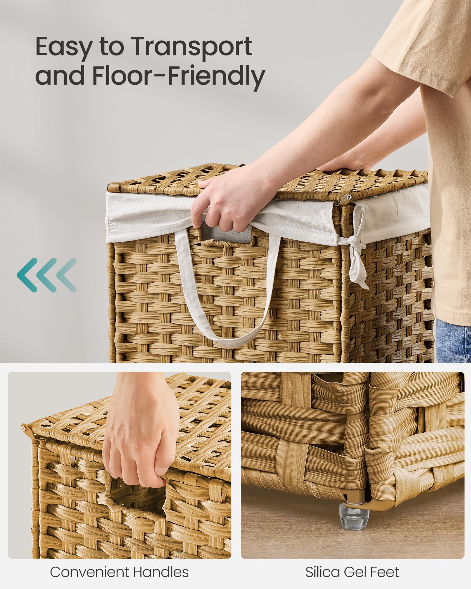 Songmics Slim Laundry Hamper With Lid, 14.5 Gallon (55L) Rattan Clothes Laundry Basket With Lid And Handles, Foldable, Removable