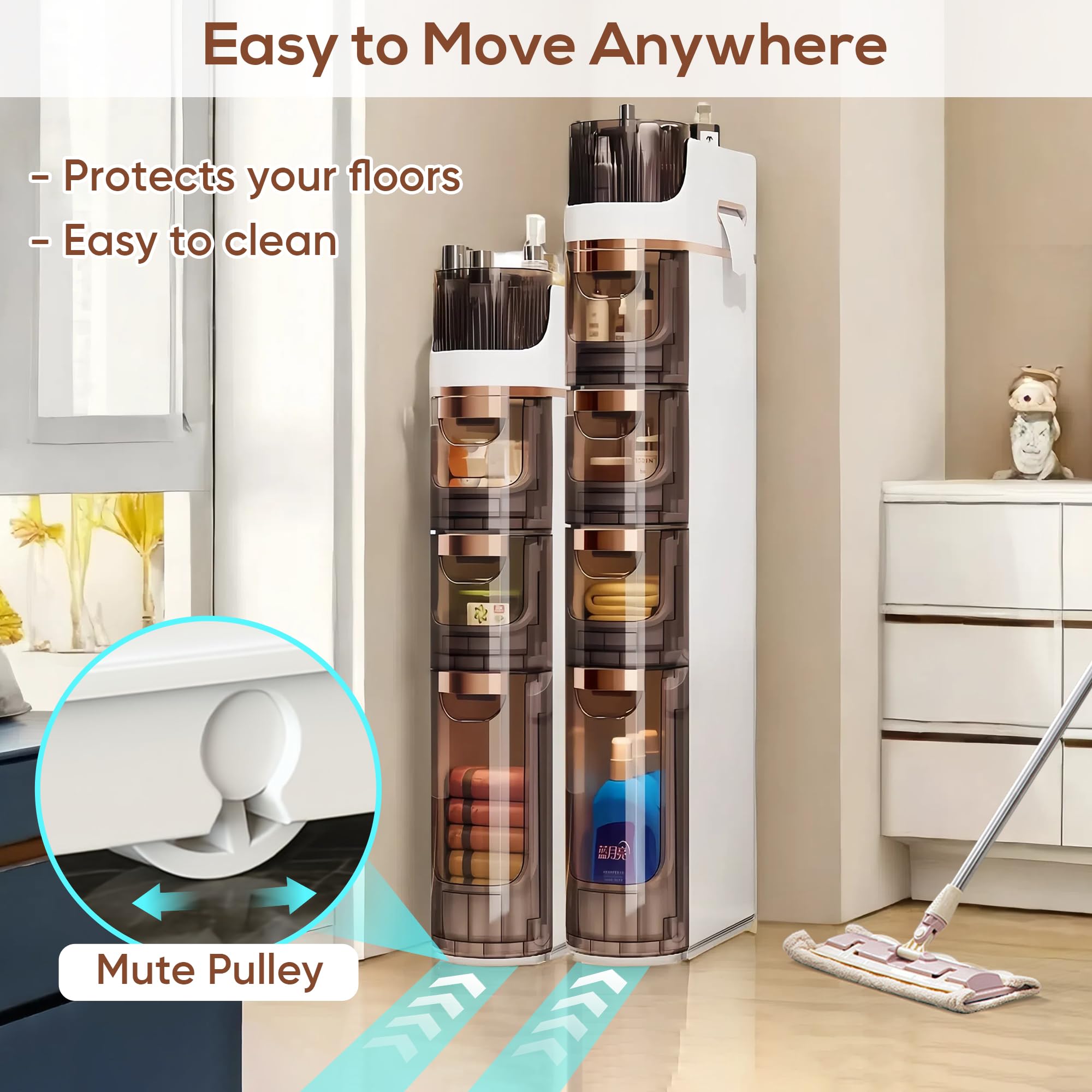 4 Drawers Slim Bathroom Storage Cabinet, Narrow Floor Cabinet With Wheels Toilet Paper Holder, Waterproof Bathroom Storage Organ