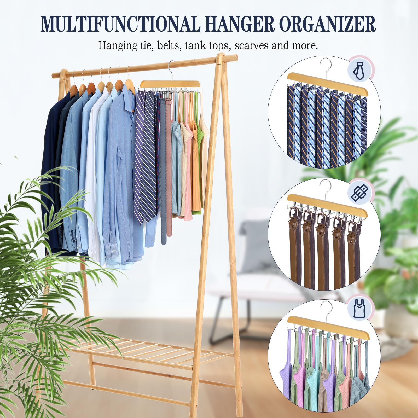 Tie Rack Belt Hanger For Closet, Fitnice Upgraded Non Slip Tie Hanger Space Saving With 20 Foldable Hooks Wooden Belt Tie Organi