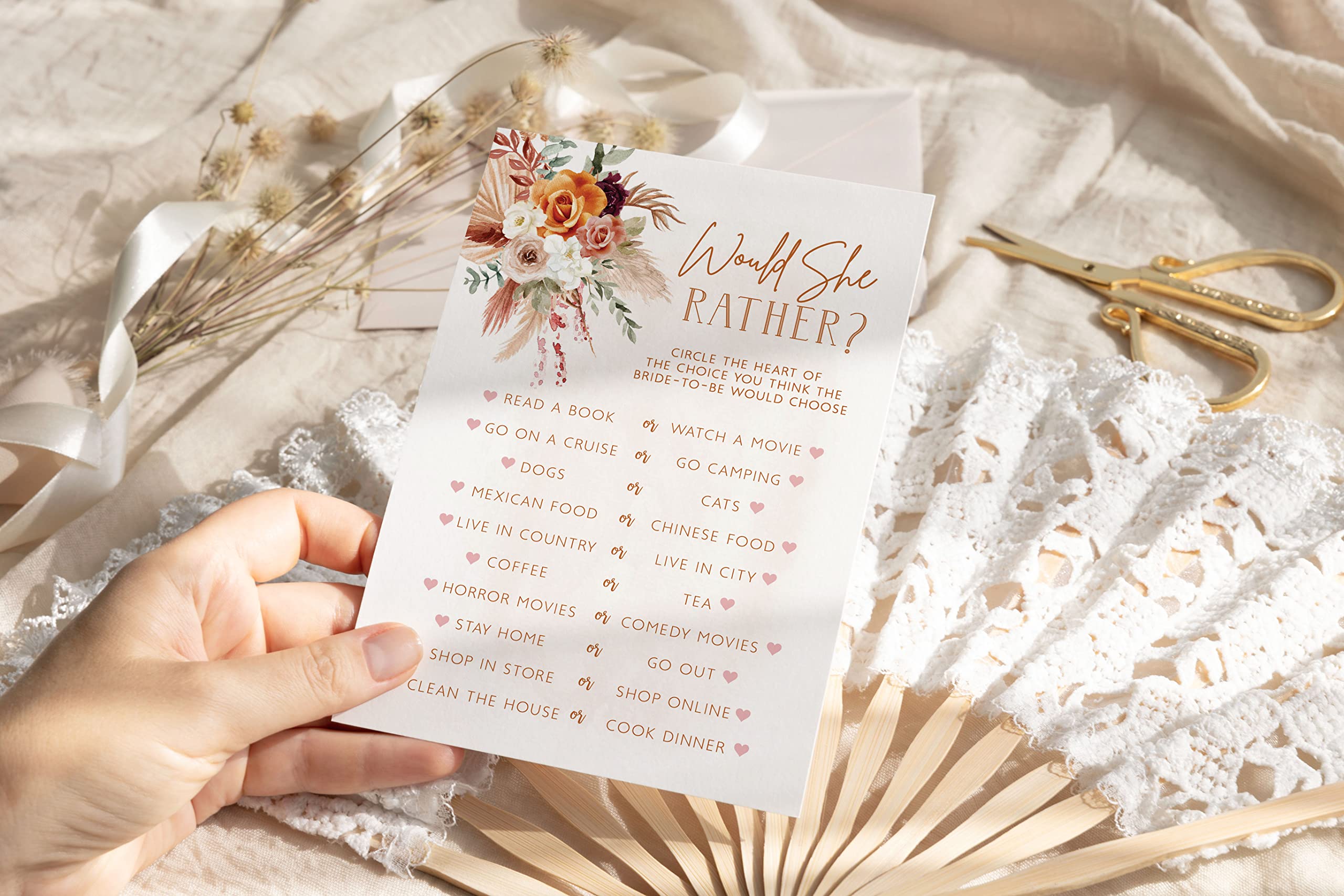 Fun Bridal Shower Games - Boho Floral Terracotta Orange Wedding Activities Set, 25 Double-Sided Cards, Includes Guest Quest, He
