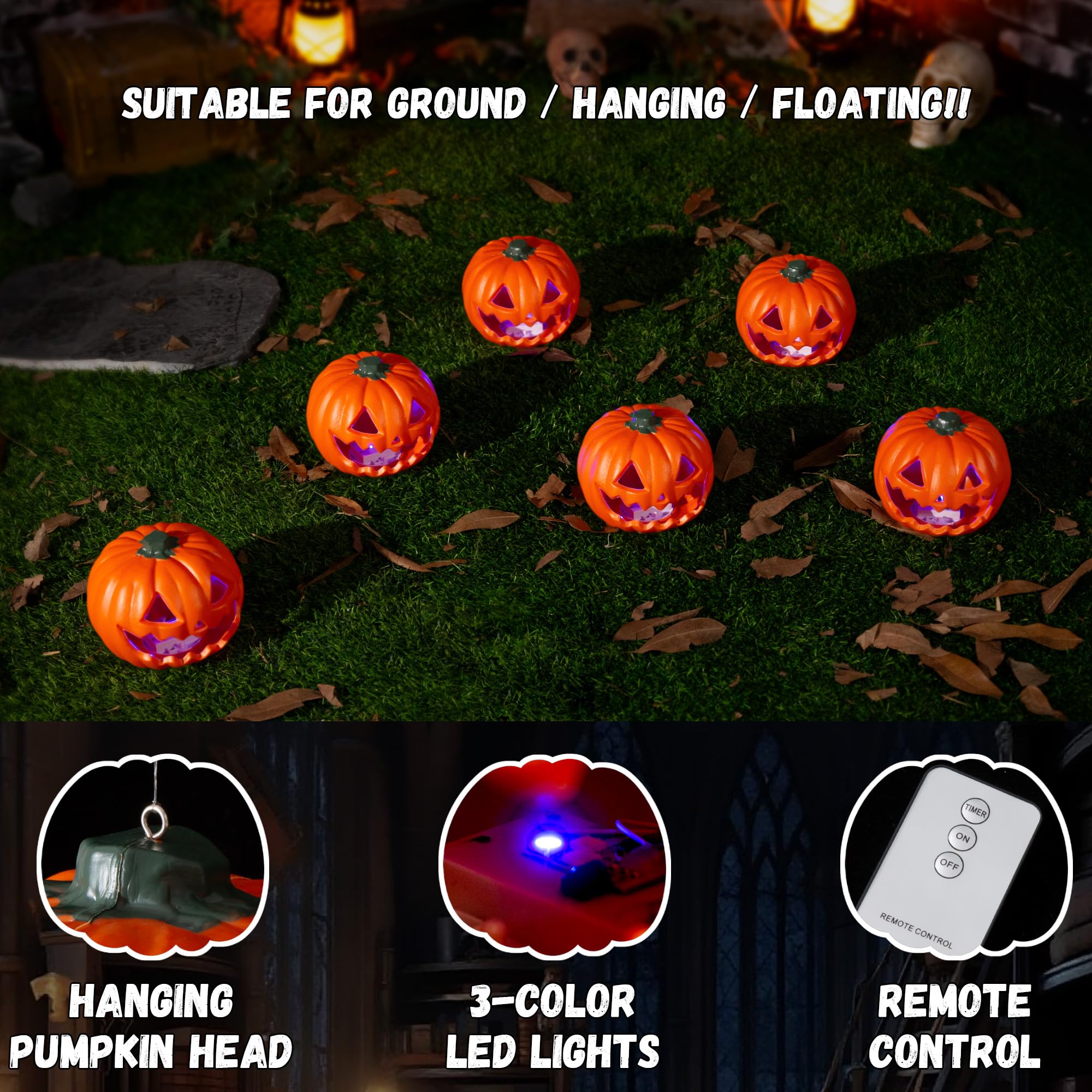 Halloween Decorations Floating Pumpkin Lights, Led Flameless Hanging Pumpkin Head Lantern with Timer, 3 Color Light, 2 Lighting