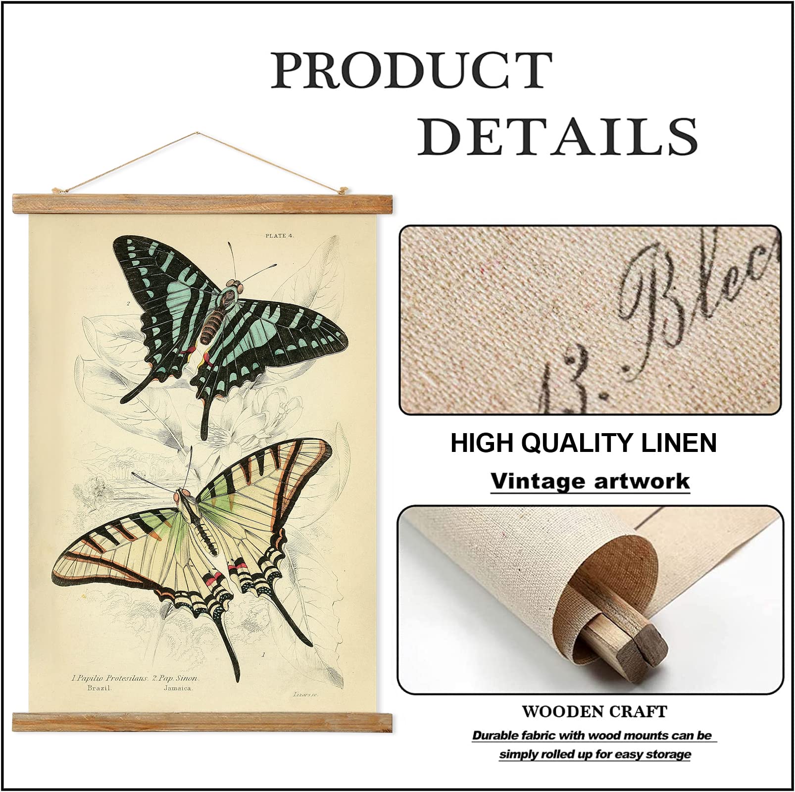 Ovfovy Vintage Butterflies Poster, Retro Style Wall Art Prints, Printed On Linen With Wooden Frame, For Living Room Office Bedro