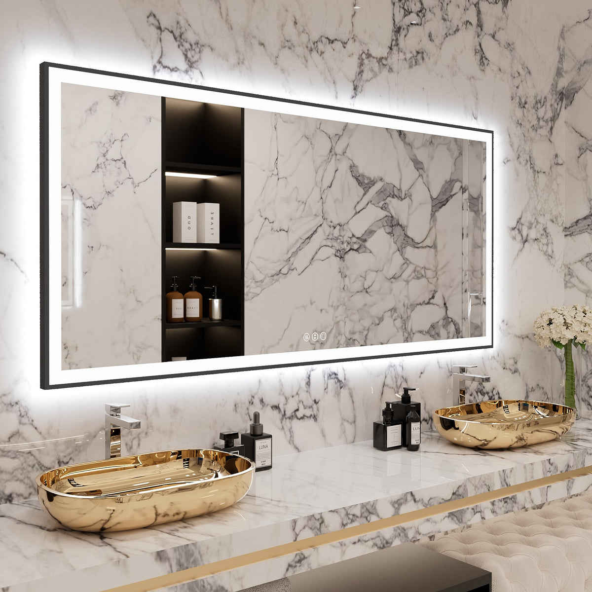 Yamazakura Large Light Bathroom Mirror 77X36 Backlit And Front Lighted Led Wall-Mounted Vanity Mirror Modern Rectangle Black Mir