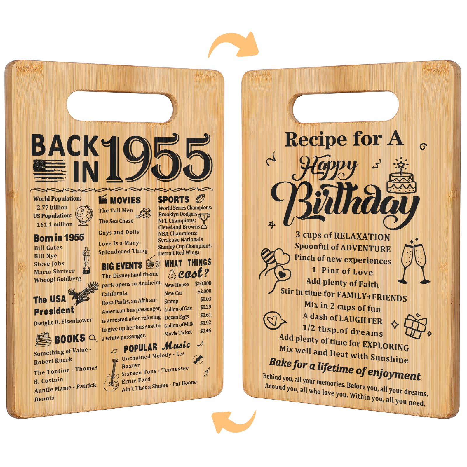 70th Birthday Gifts for Women Men,Back In 1955&Recipe for A Happy Birthday Double sided Cutting Board present for Her Him,70th B
