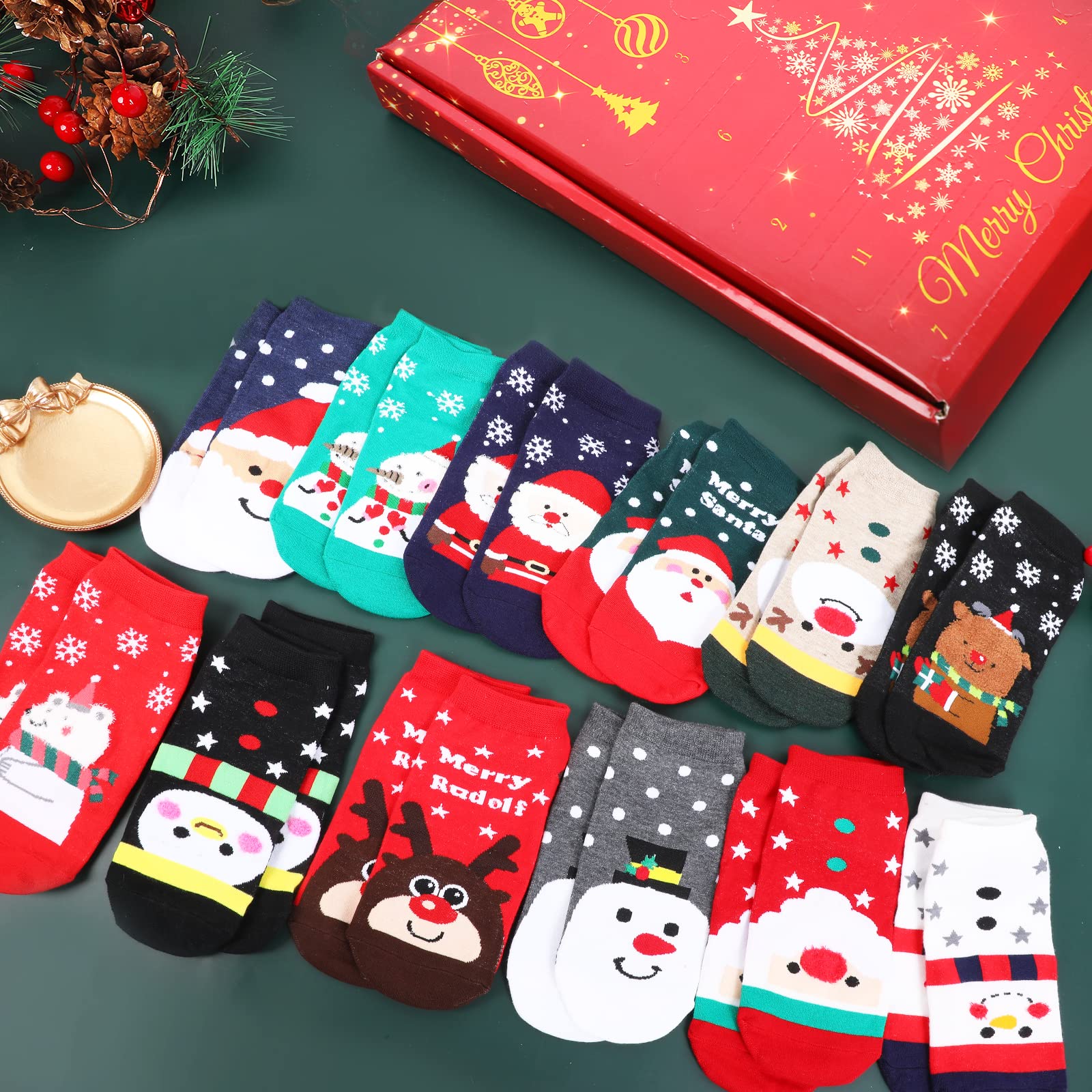 MJartoria Christmas Sock Advent Calendar 2025 Kids -12 Days of Advent Box Socks Christmas Countdown, Santa Elk Snowman Pattern f