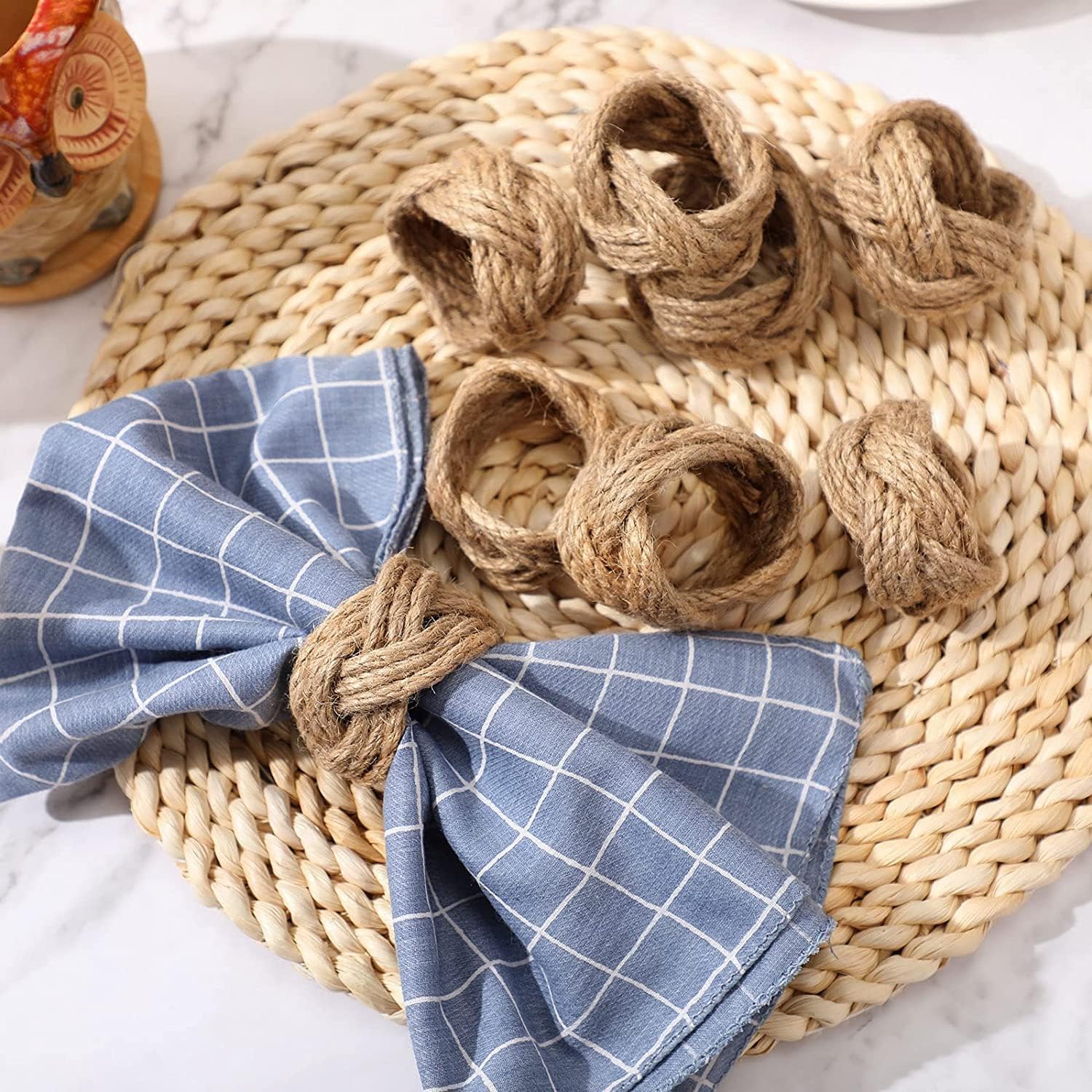 Jovial International Nautical Napkin Rings Set Of 6,Jute Rope Rustic Farmhouse Napkin Ring Burlap Set For Harvest, Thanksgiving,