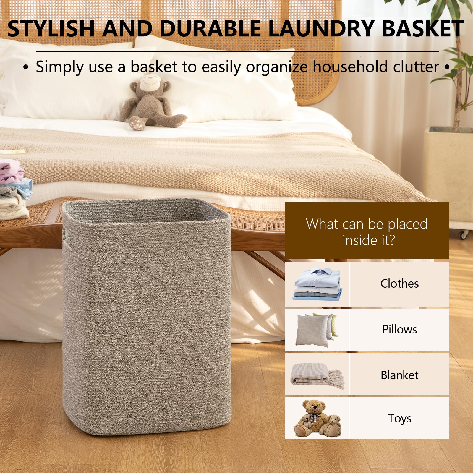 Oiahomy Laundry Hamper, Laundry Basket,Rectangle Cotton Storage Basket With Handles, Large Blanket Basket For Living Room, Woven